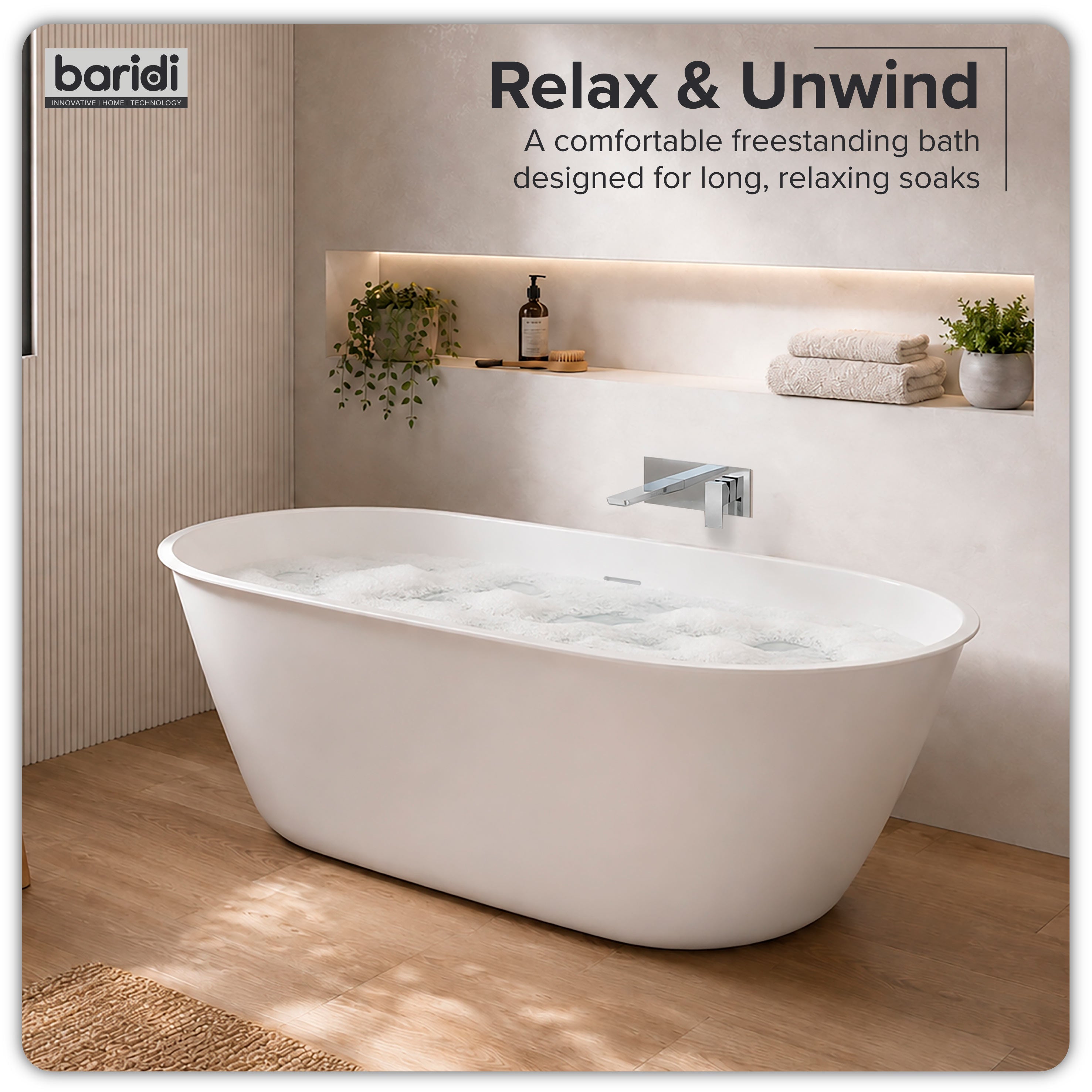 Baridi Double-Ended Slim Rim Bath with Overflow System 140cm, Gloss White - DH415