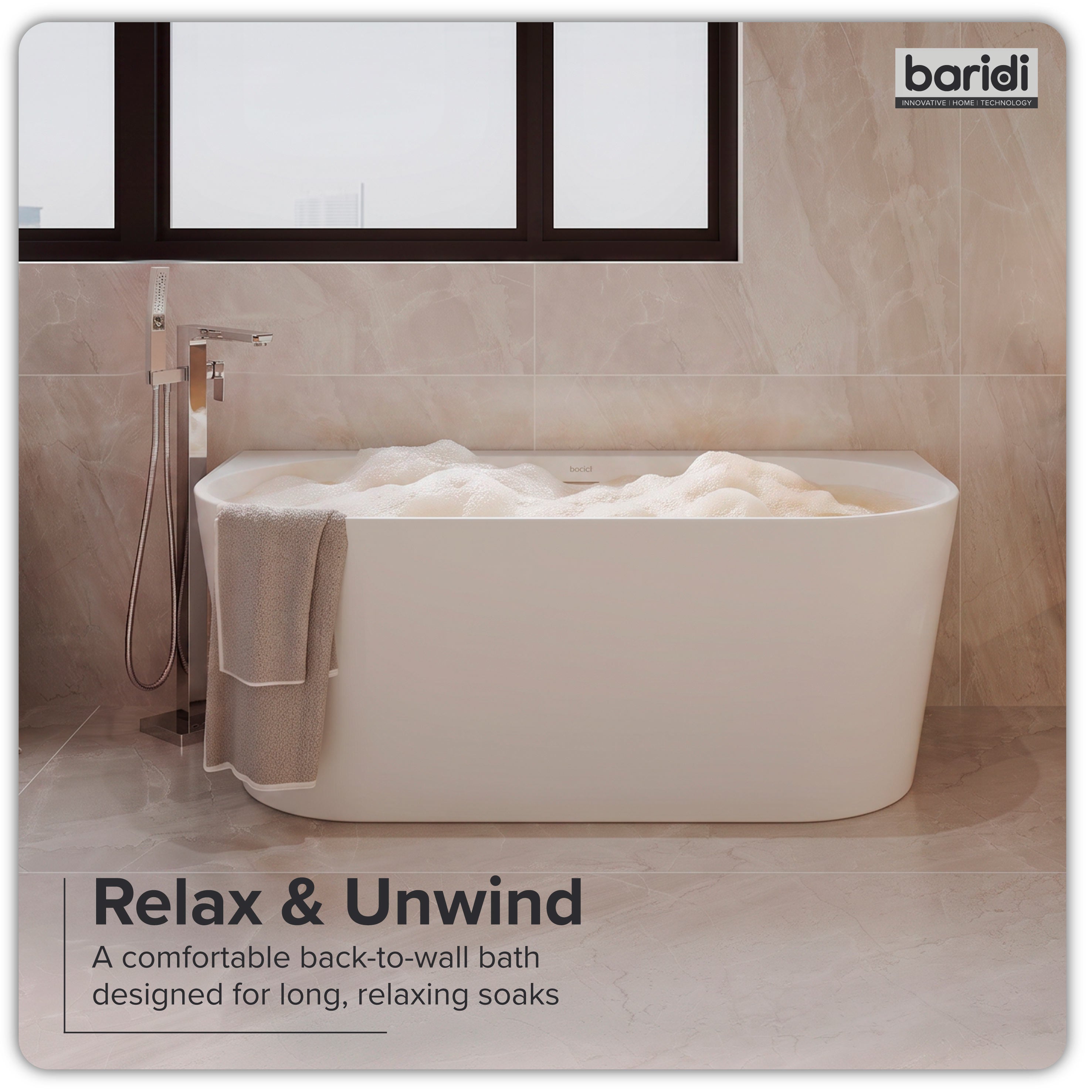 Baridi Back-to-Wall Slim Rim Bath with Overflow System 170cm, Gloss White - DH422
