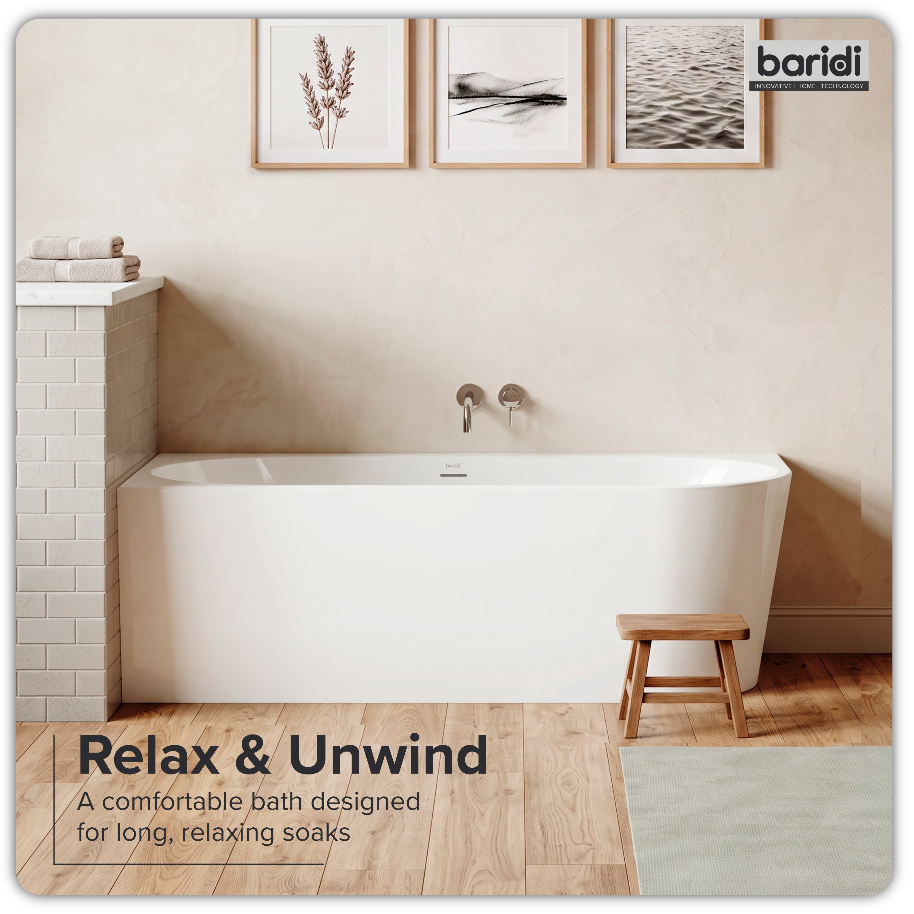 Baridi Left-Hand Corner Slim Rim Bath with Overflow System 170cm, Gloss White - DH425