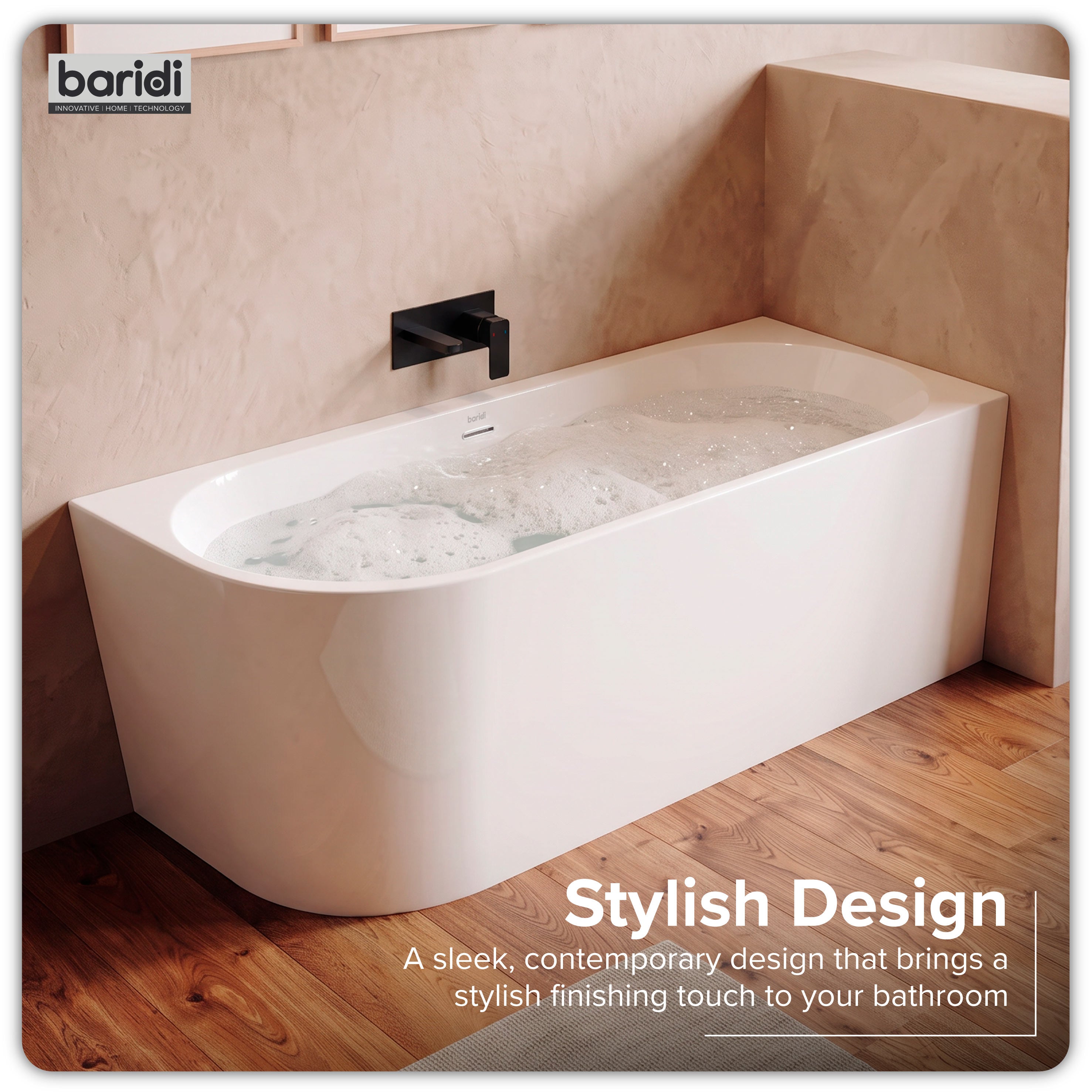 Baridi Right-Hand Corner Slim Rim Bath with Overflow System 150cm, Gloss White - DH426