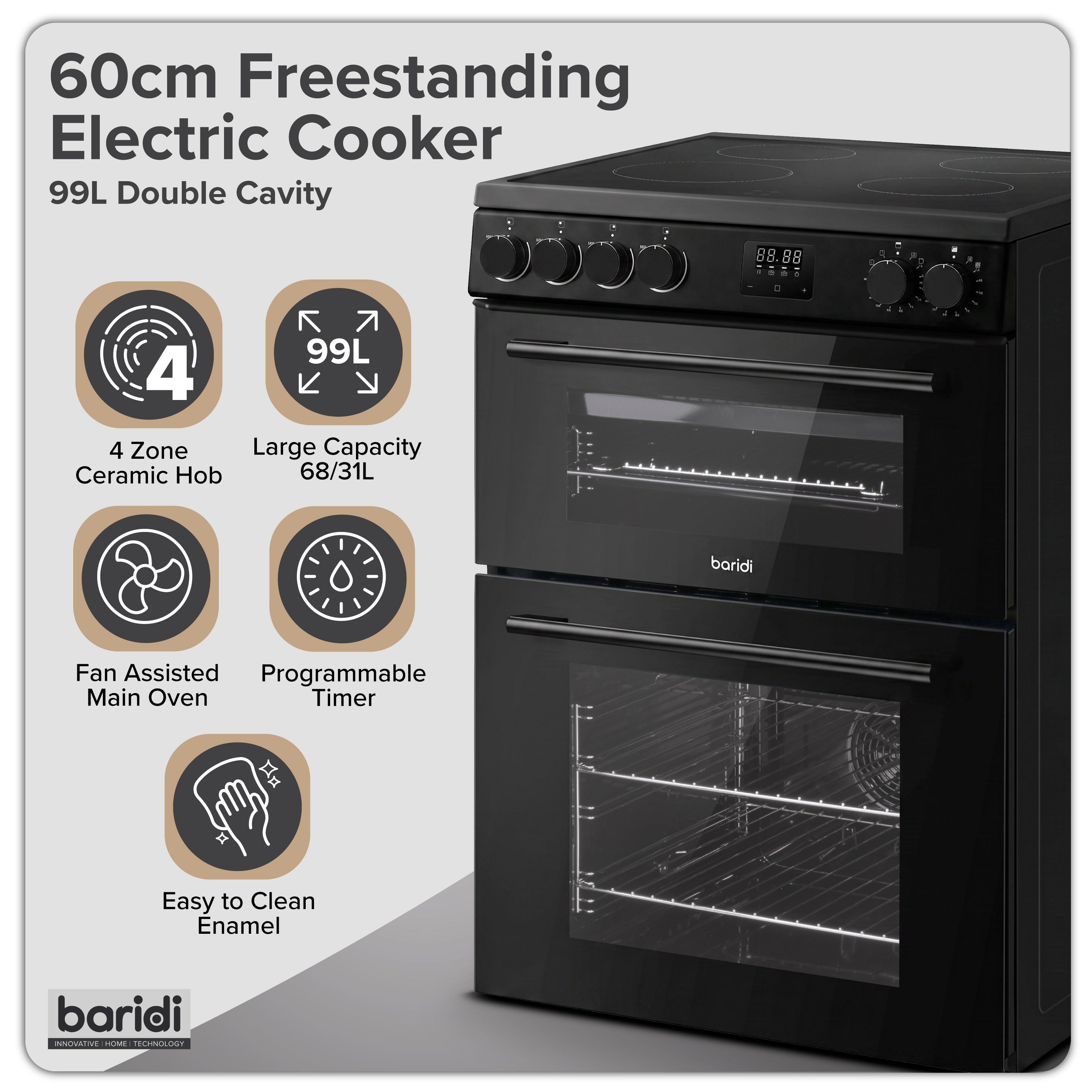 Baridi Freestanding Electric Cooker 60cm with 99L Double Cavity & 4 Zone Ceramic Hob, Black - DH429