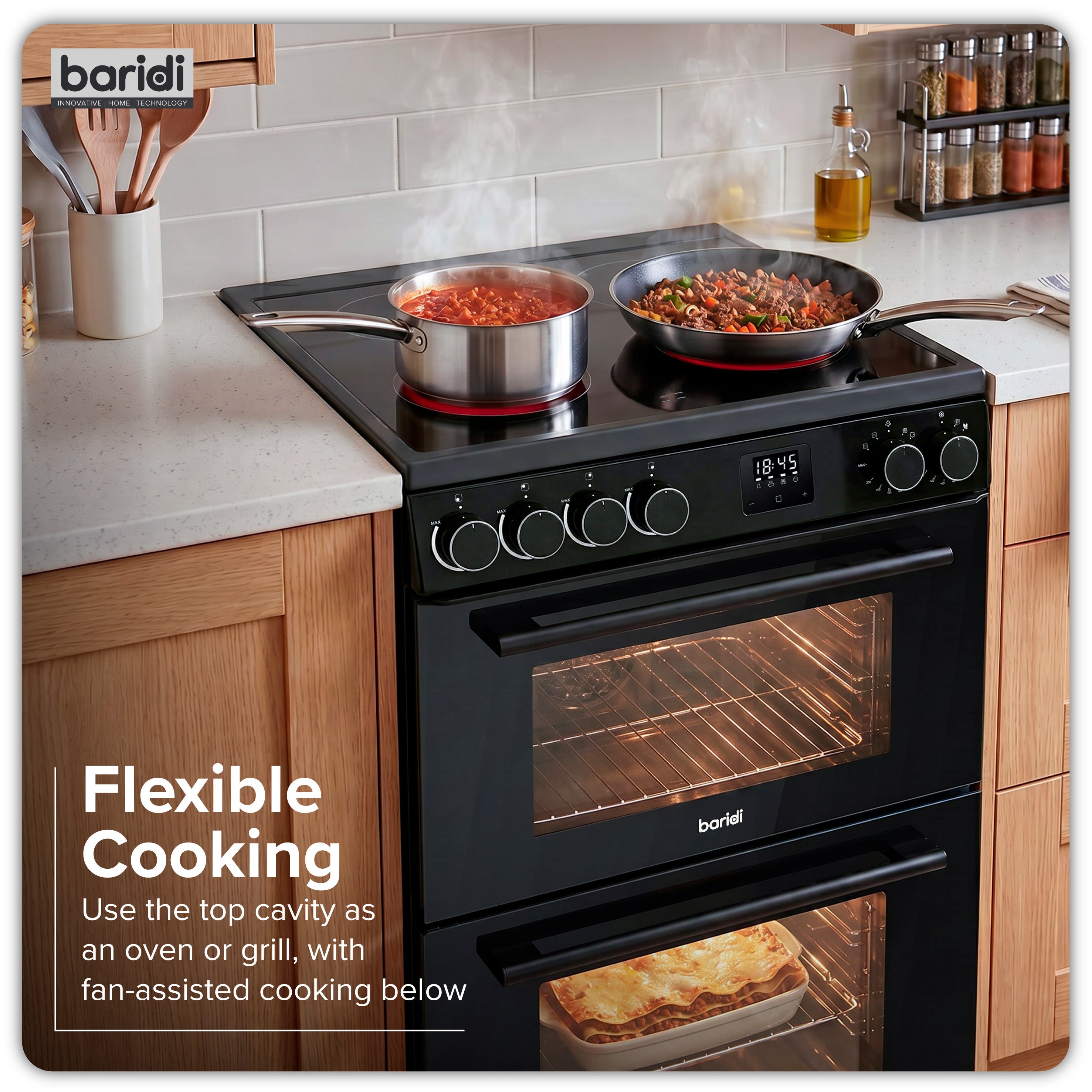 Baridi Freestanding Electric Cooker 60cm with 99L Double Cavity & 4 Zone Ceramic Hob, Black - DH429