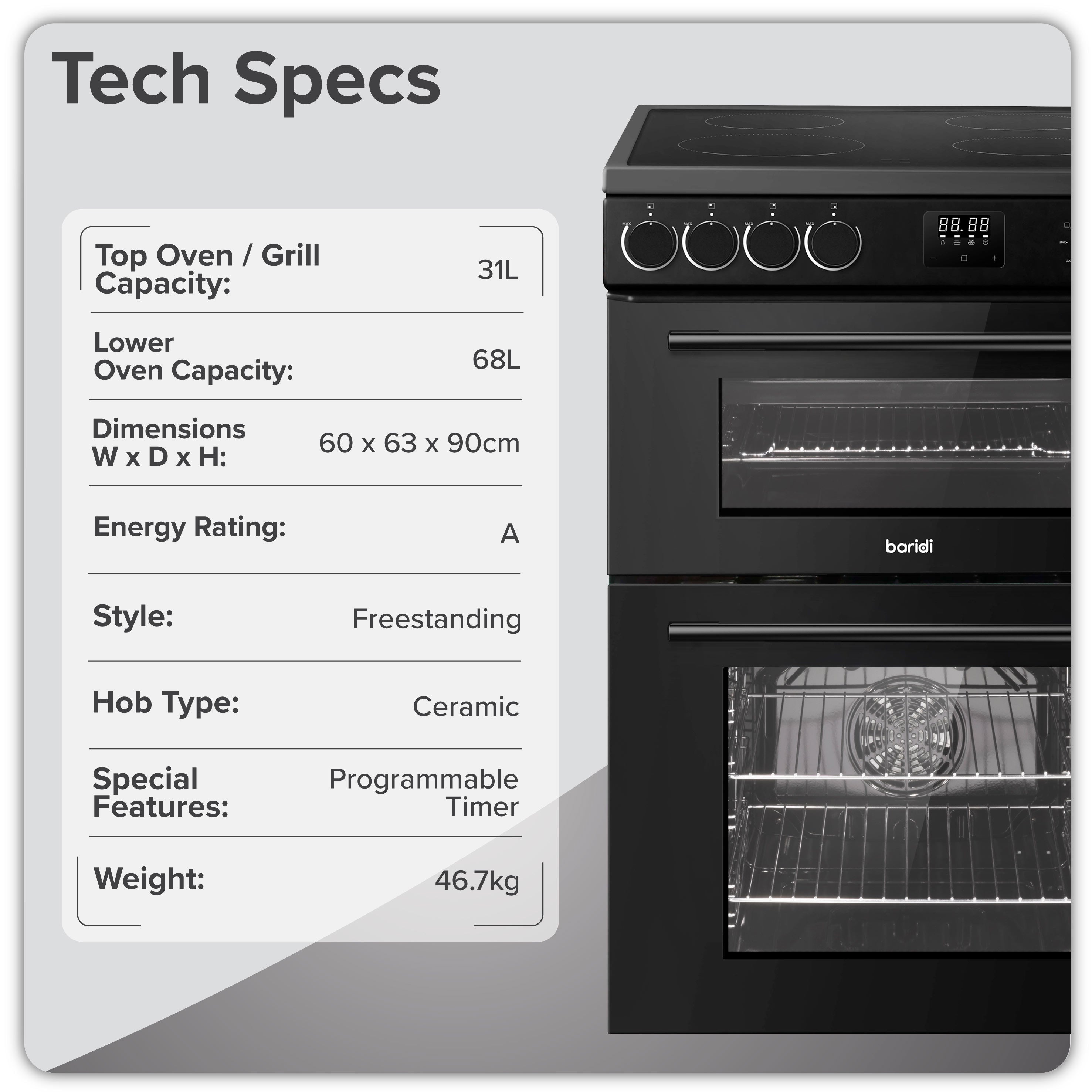 Baridi Freestanding Electric Cooker 60cm with 99L Double Cavity & 4 Zone Ceramic Hob, Black - DH429