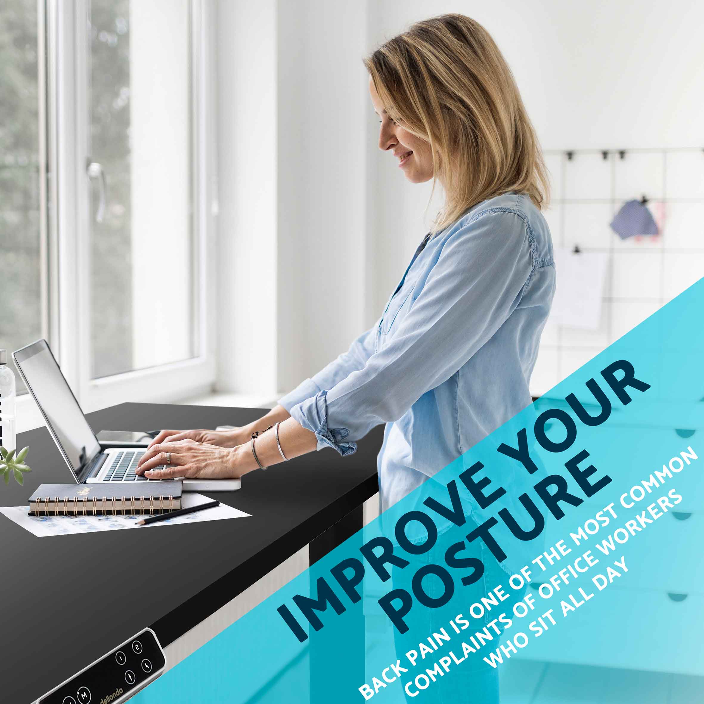 Dellonda DH42 Adjustable Desk Action shot - back - posture