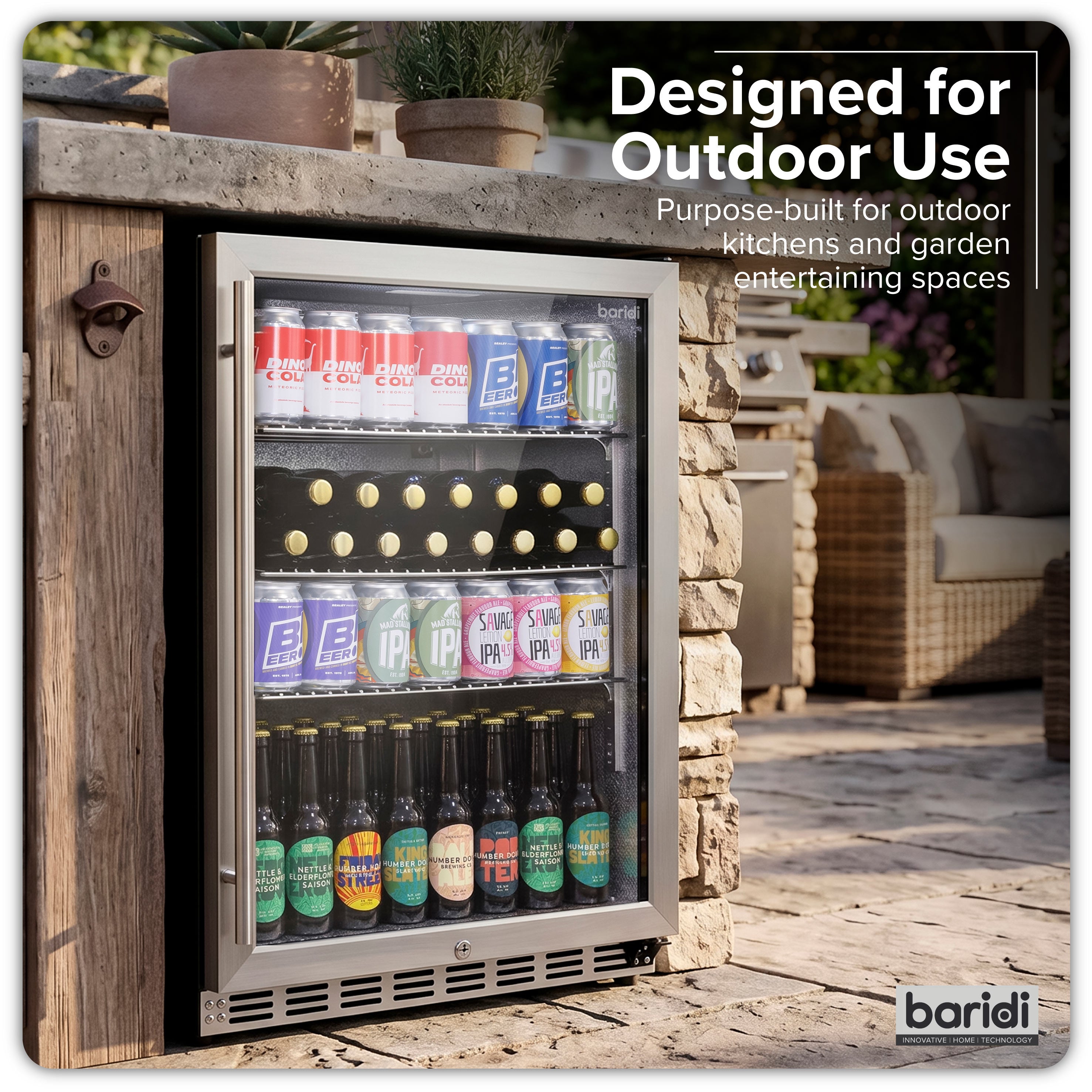 Baridi Outdoor Drinks/Beverage/Bar Fridge, with Triple Glazed Door & Security Lock 150L, Stainless Steel - DH439