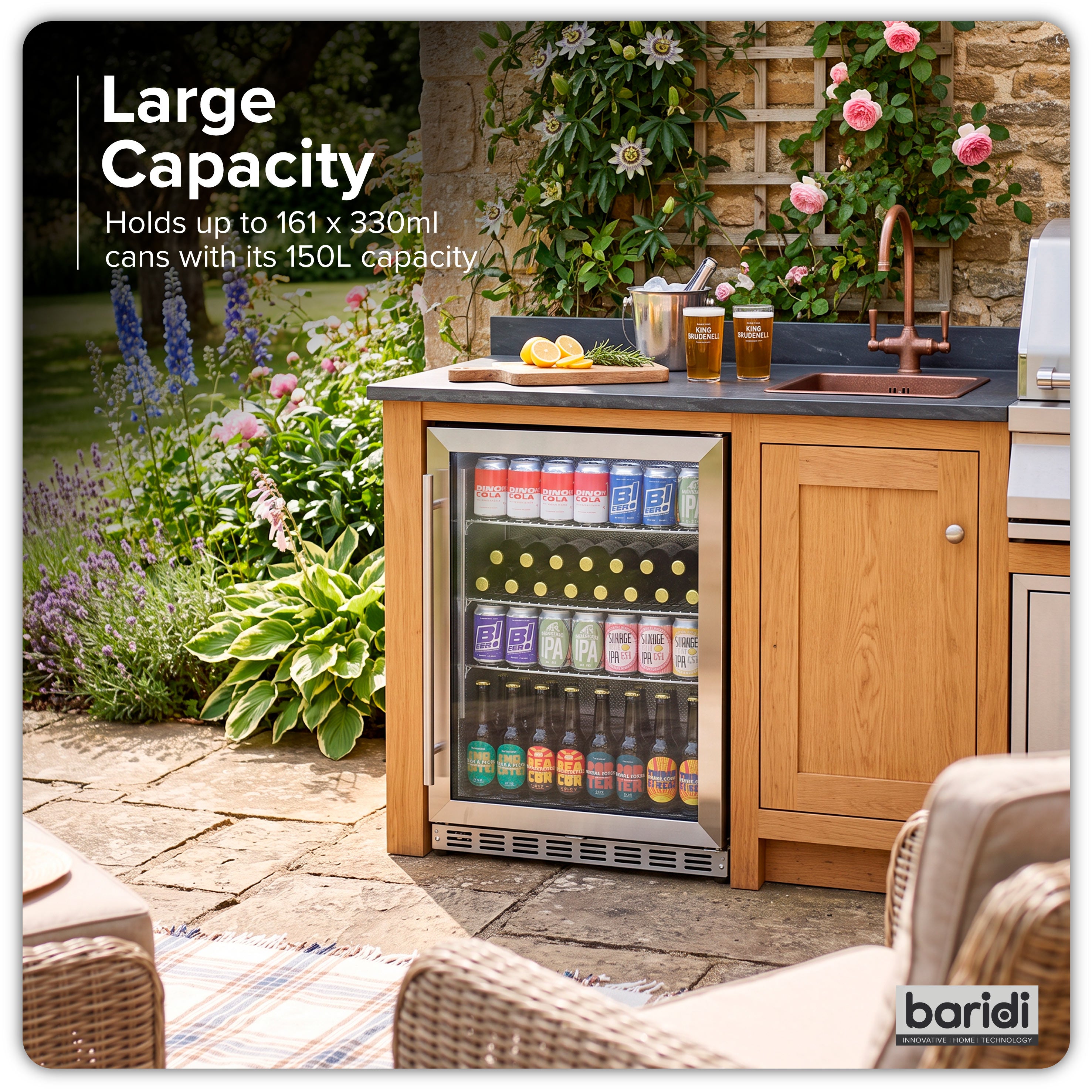 Baridi Outdoor Drinks/Beverage/Bar Fridge, with Triple Glazed Door & Security Lock 150L, Stainless Steel - DH439