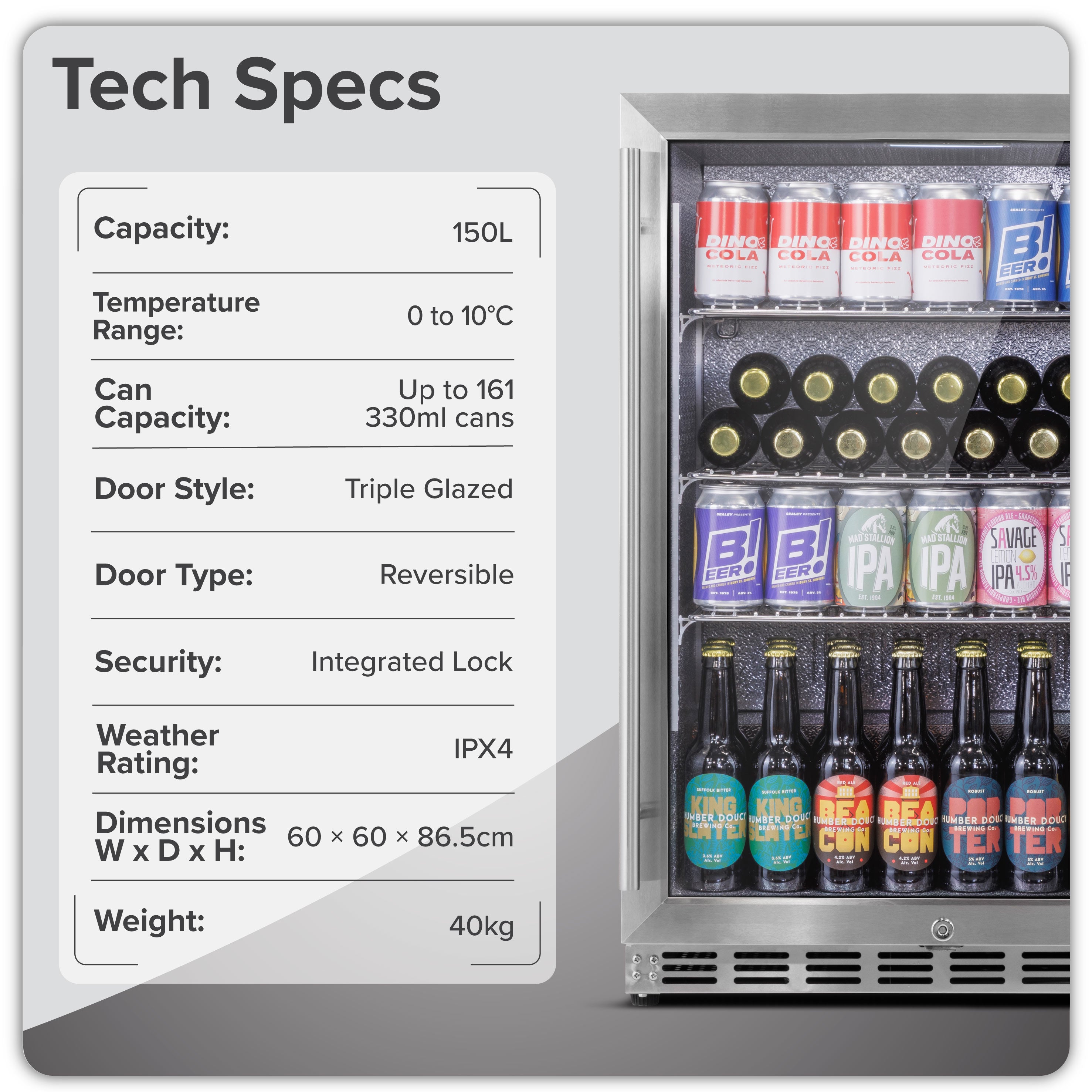 Baridi Outdoor Drinks/Beverage/Bar Fridge, with Triple Glazed Door & Security Lock 150L, Stainless Steel - DH439