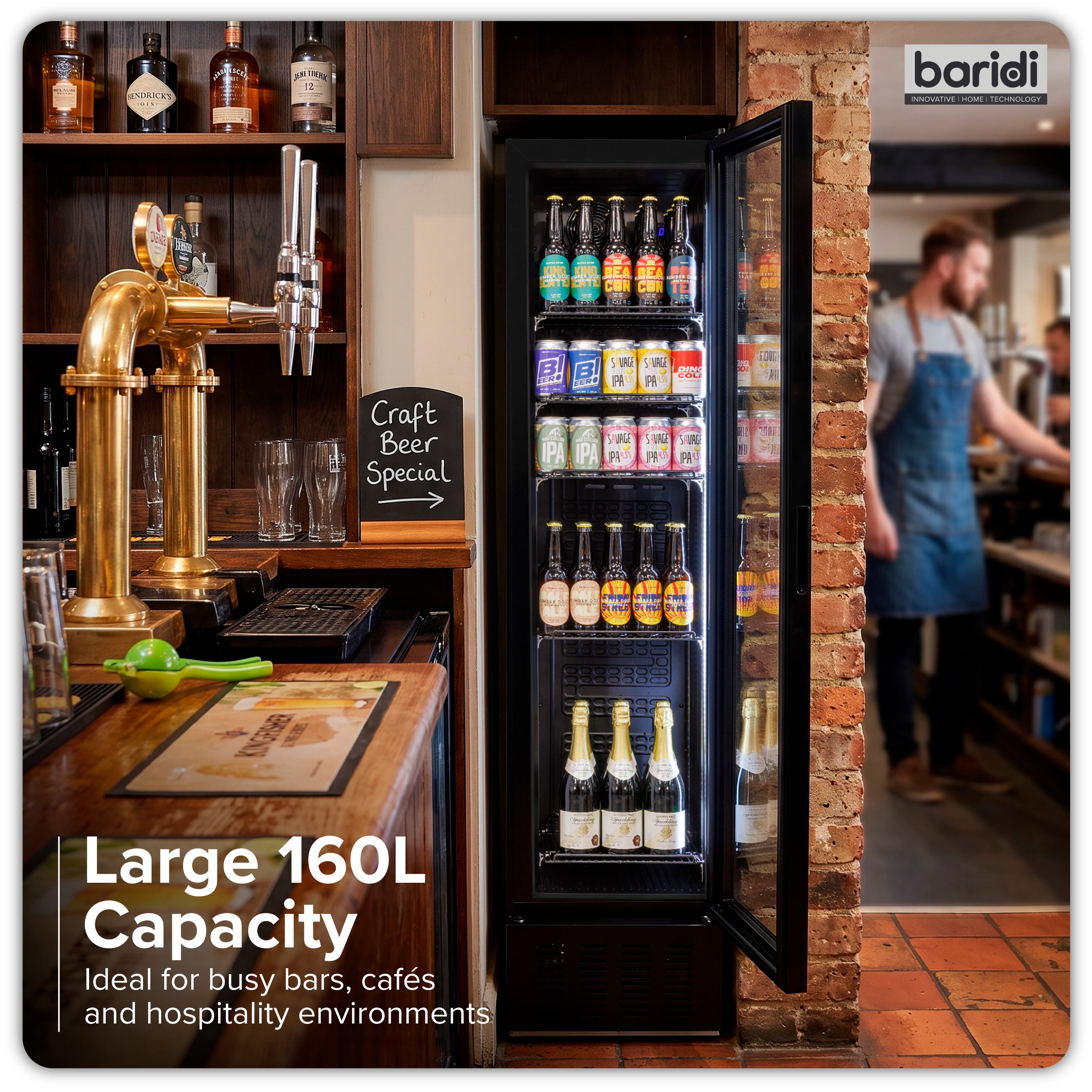 Baridi Tall Drinks/Bar Fridge with Digital Controls & Auto Defrost 160L, Black - DH440