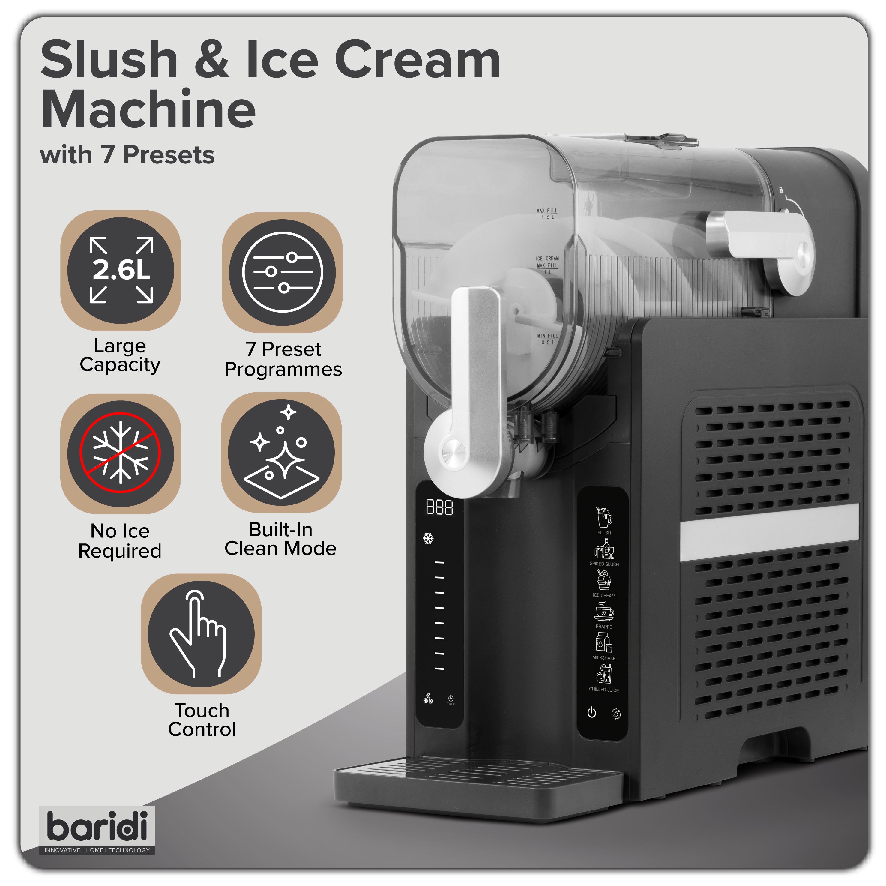 Baridi Slush & Ice Cream Machine, 7 Presets, 2.6L Capacity, Black - DH443
