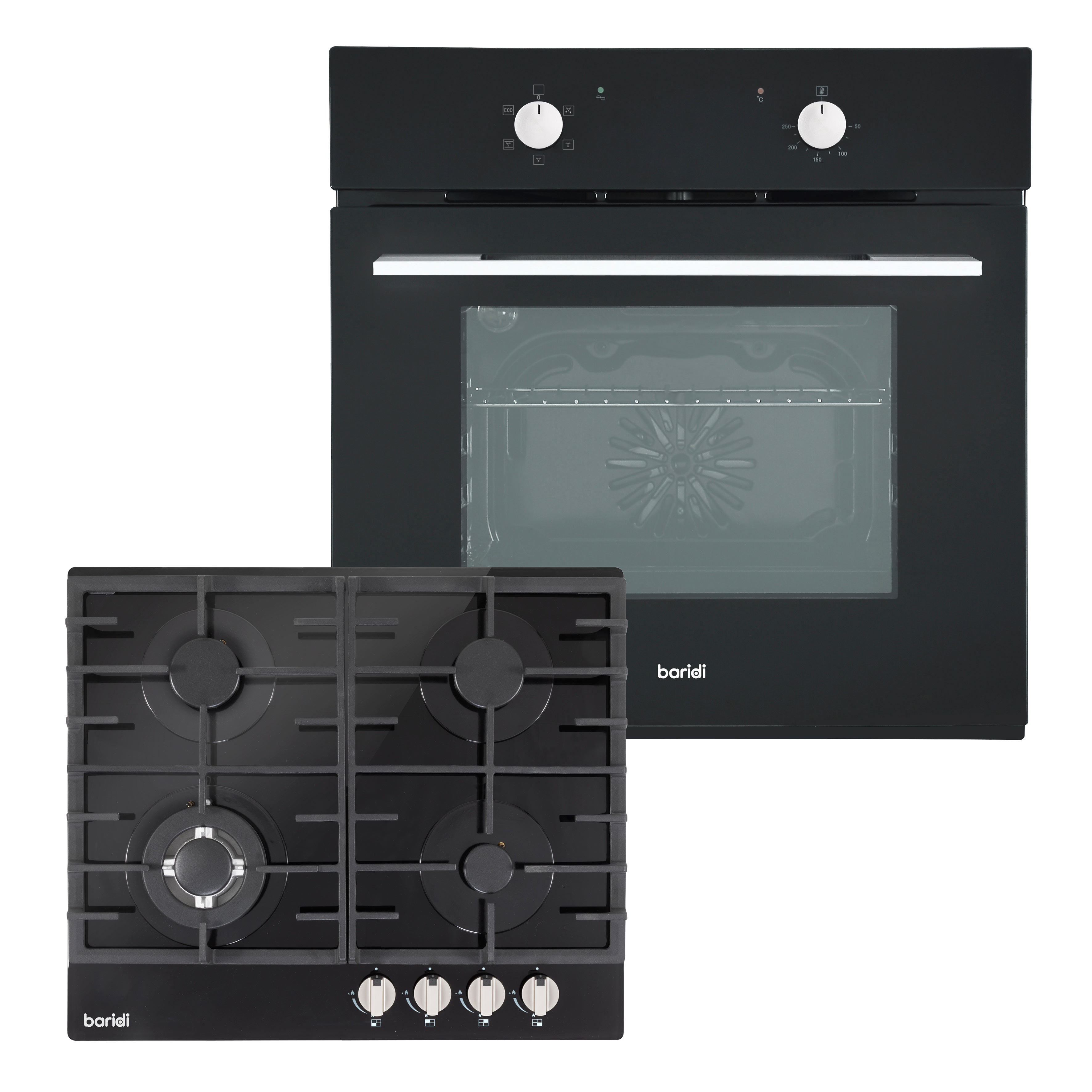 Baridi Kitchen Appliance Bundle 60cm, Integrated Fan-Assisted Oven & Black Glass Gas Hob - DH446