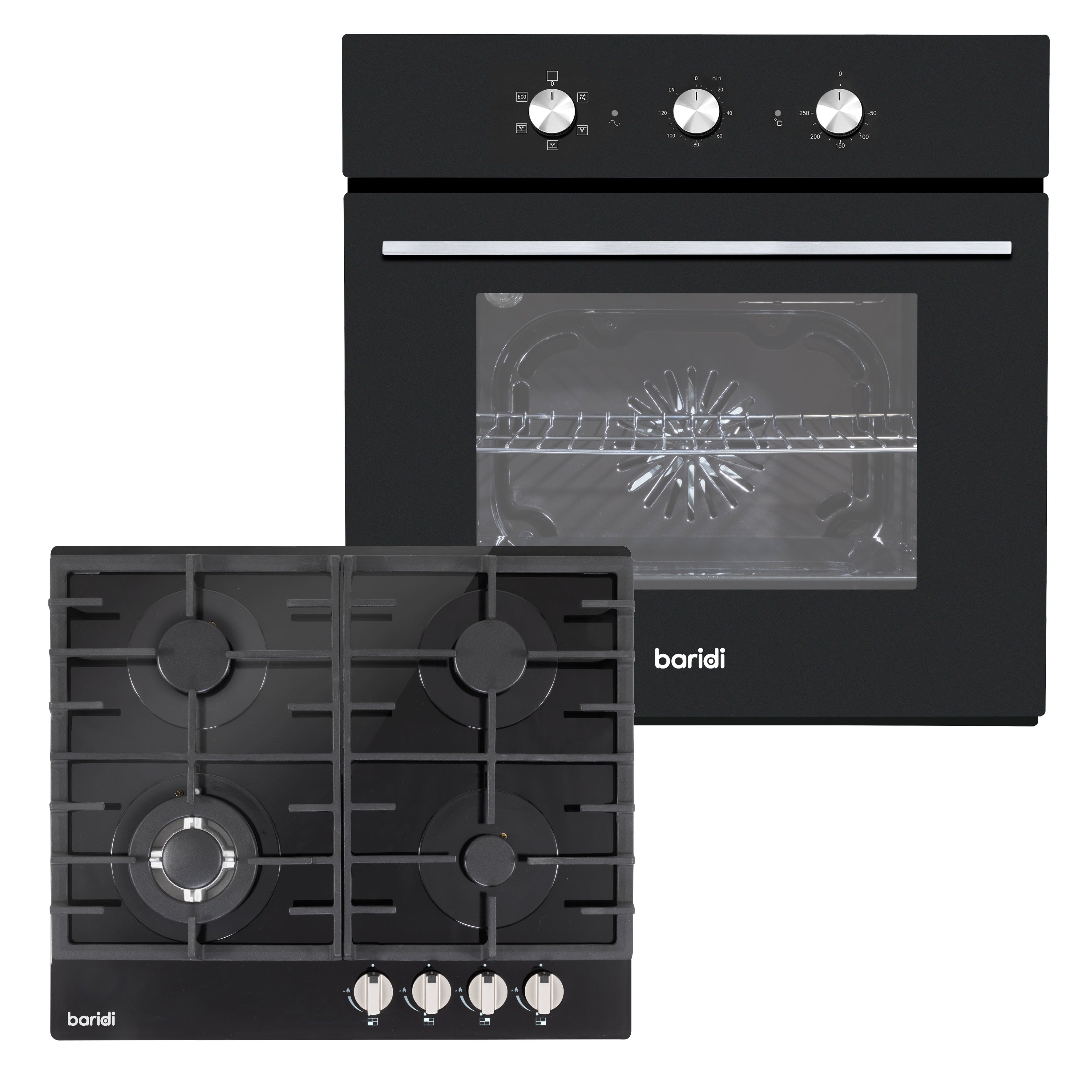 Baridi Kitchen Appliance Bundle 60cm, Integrated Fan-Assisted Oven with Timer & Black Glass Gas Hob – DH448