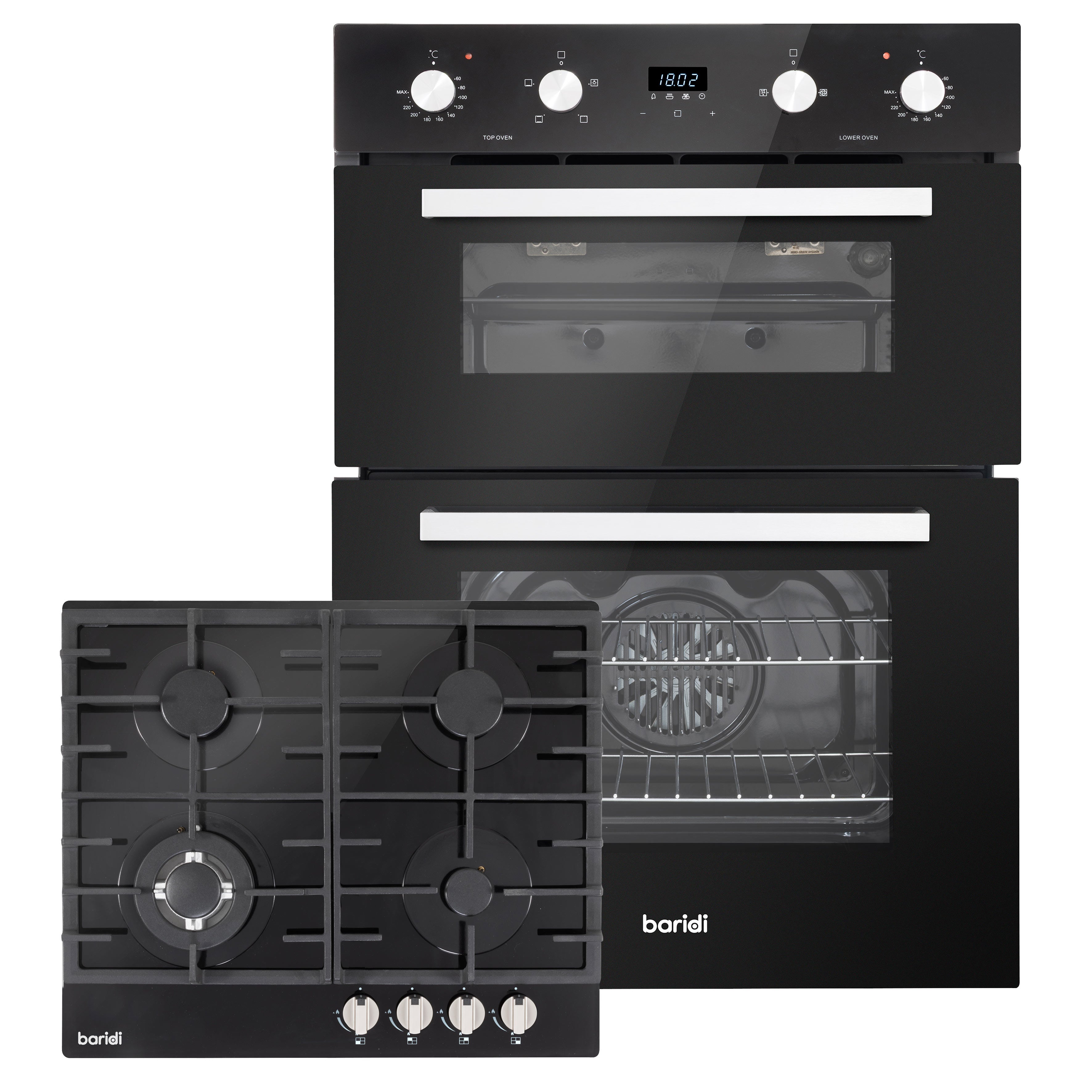 Baridi Kitchen Appliance Bundle 60cm, 72cm Built-Under Double Oven & Black Glass Gas Hob – DH449