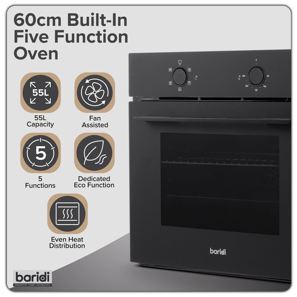 Baridi 60cm Built-In Five Function Fan Assisted Oven, 55L Capacity, Matt Black - DH450