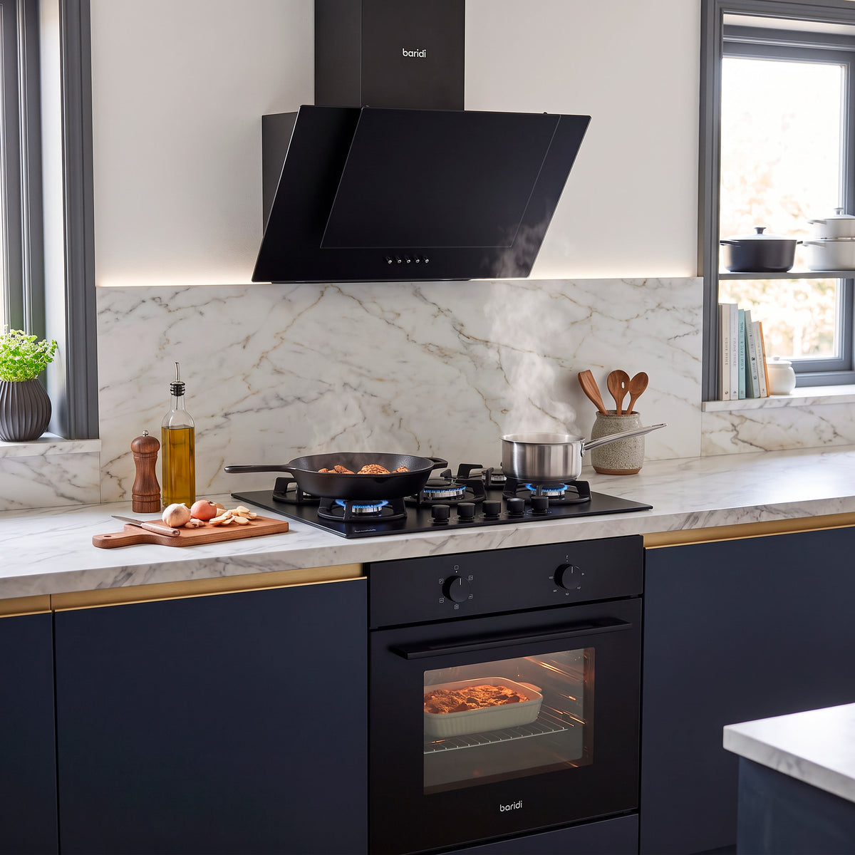 Baridi 60cm Angled Chimney Cooker Hood with Carbon Filters, LED Lamp, Energy Class B, Matt Black - DH452