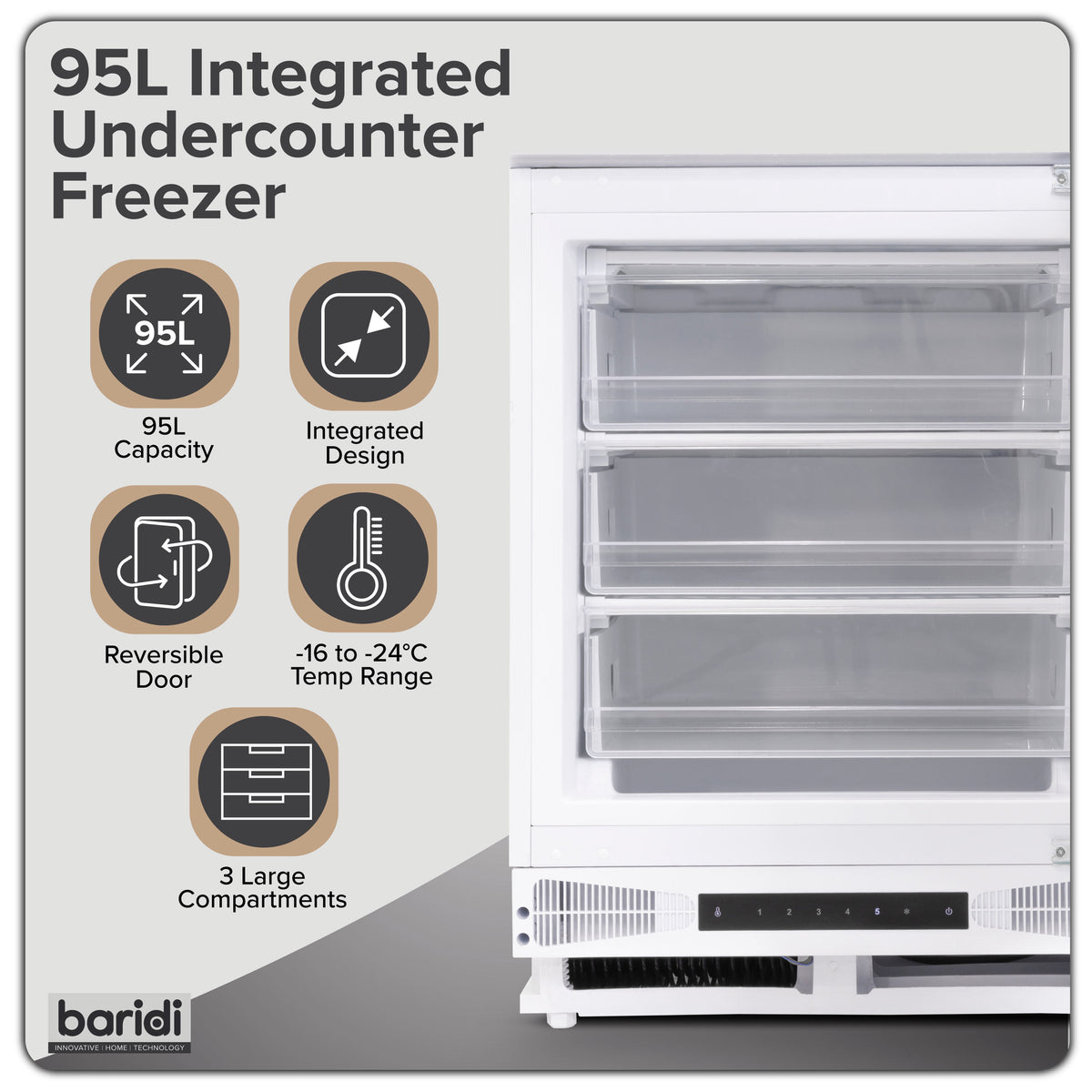 Baridi Integrated Undercounter Freezer 95L Capacity, Reversible Door - DH456