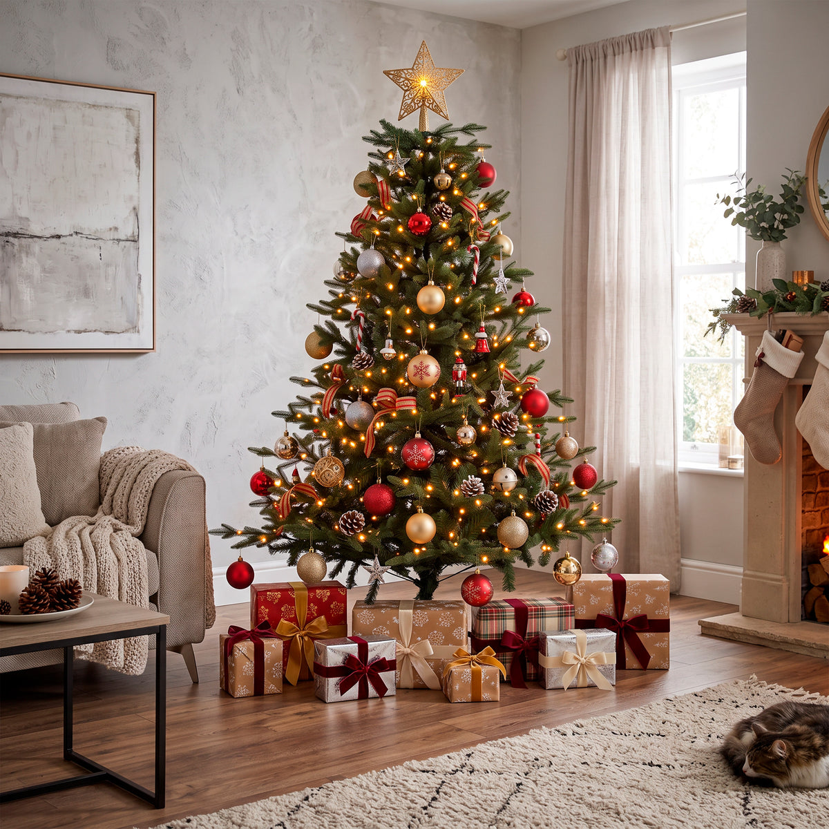 Pre-Lit 7ft Hinged Christmas Tree with Warm White LED Lights & PE/PVC Tips - DH82