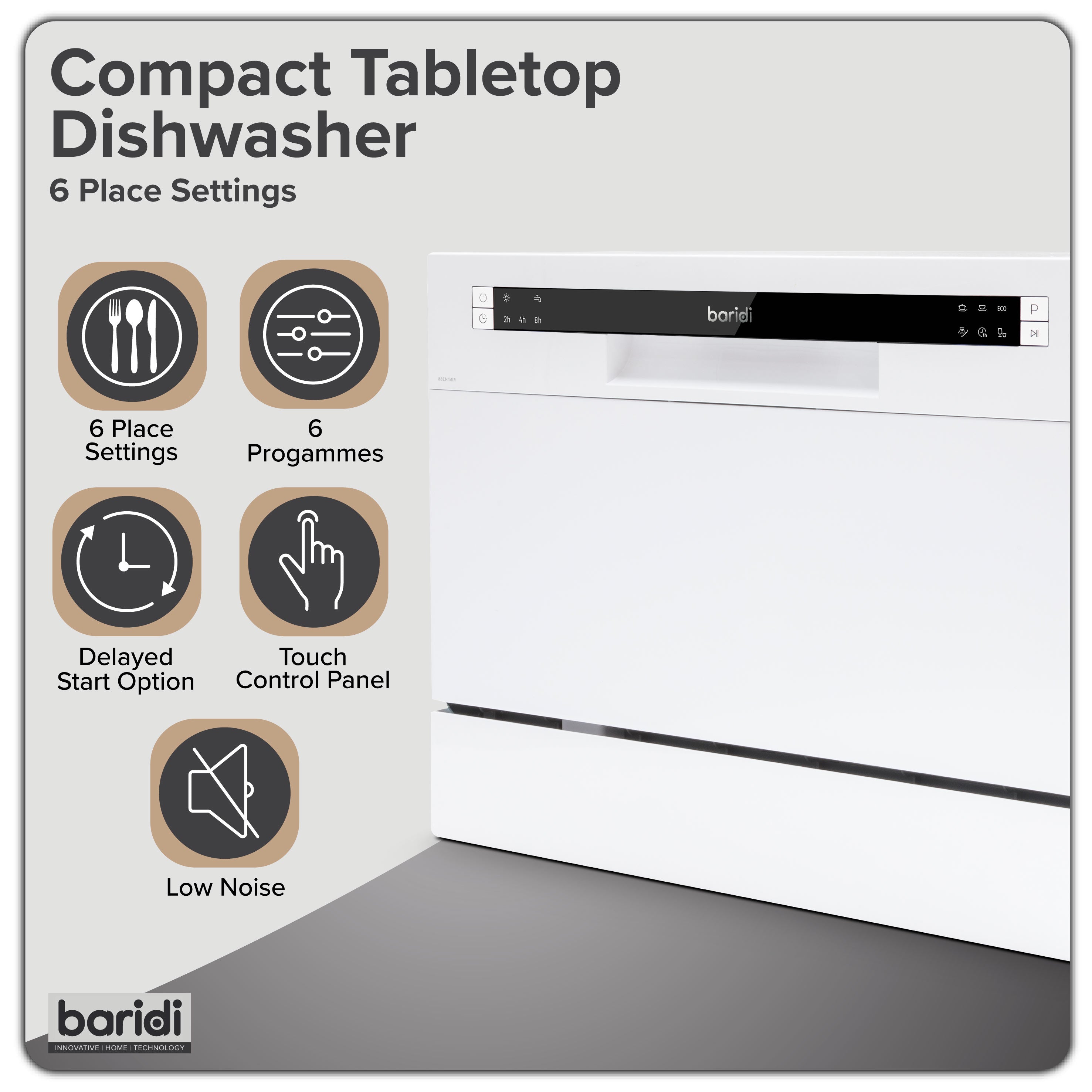Baridi Compact Tabletop Dishwasher 6 Place Settings, 6 Programmes, Low Noise, 6.5L - White - DH83