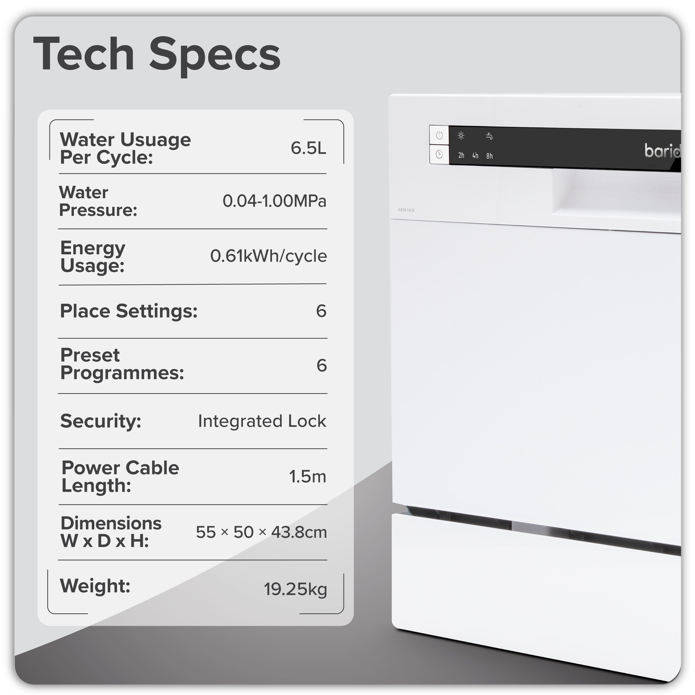 Baridi Compact Tabletop Dishwasher 6 Place Settings, 6 Programmes, Low Noise, 6.5L - White - DH83