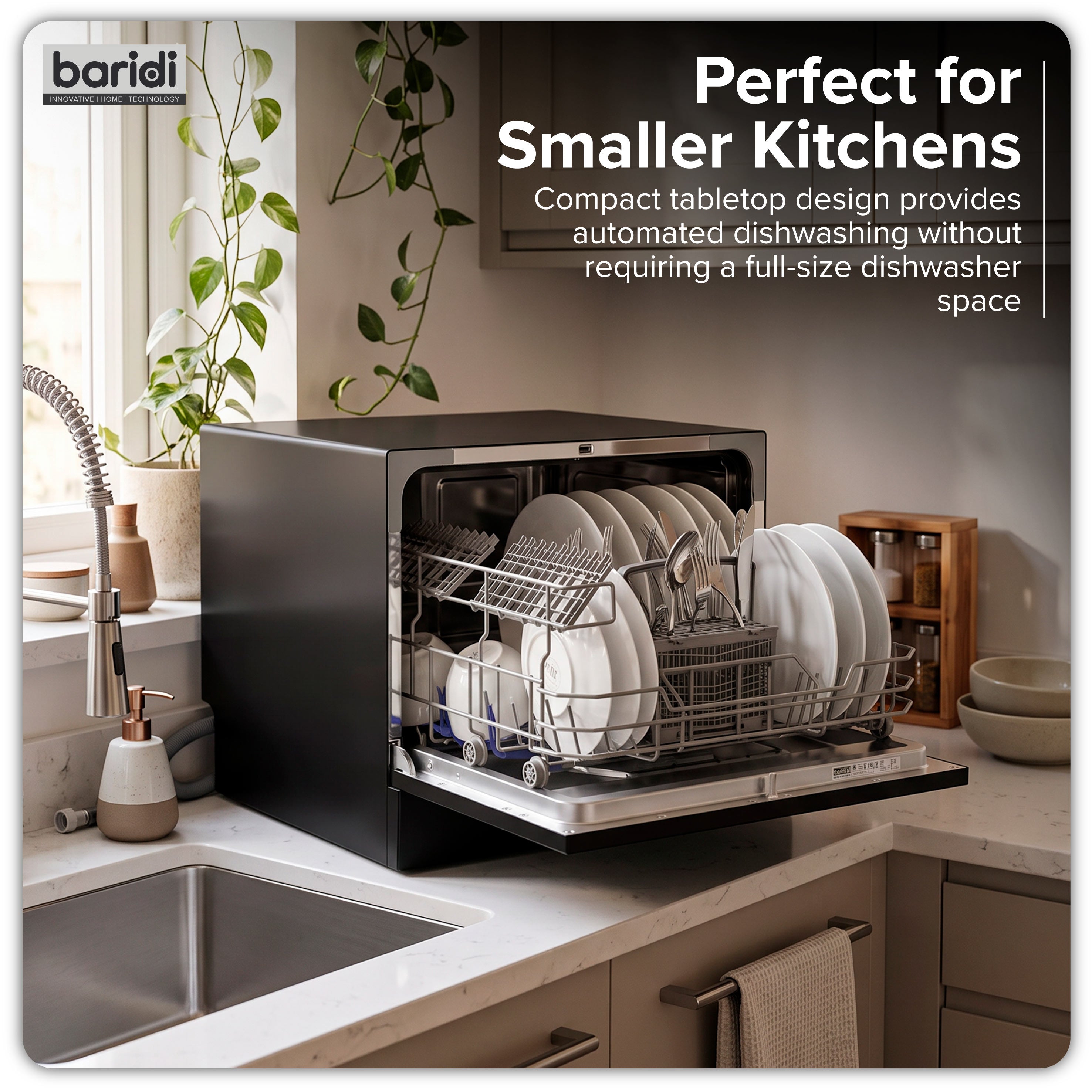 Baridi Compact Tabletop Dishwasher 6 Place Settings, 6 Programmes, Low Noise, 6.5L - Black - DH85