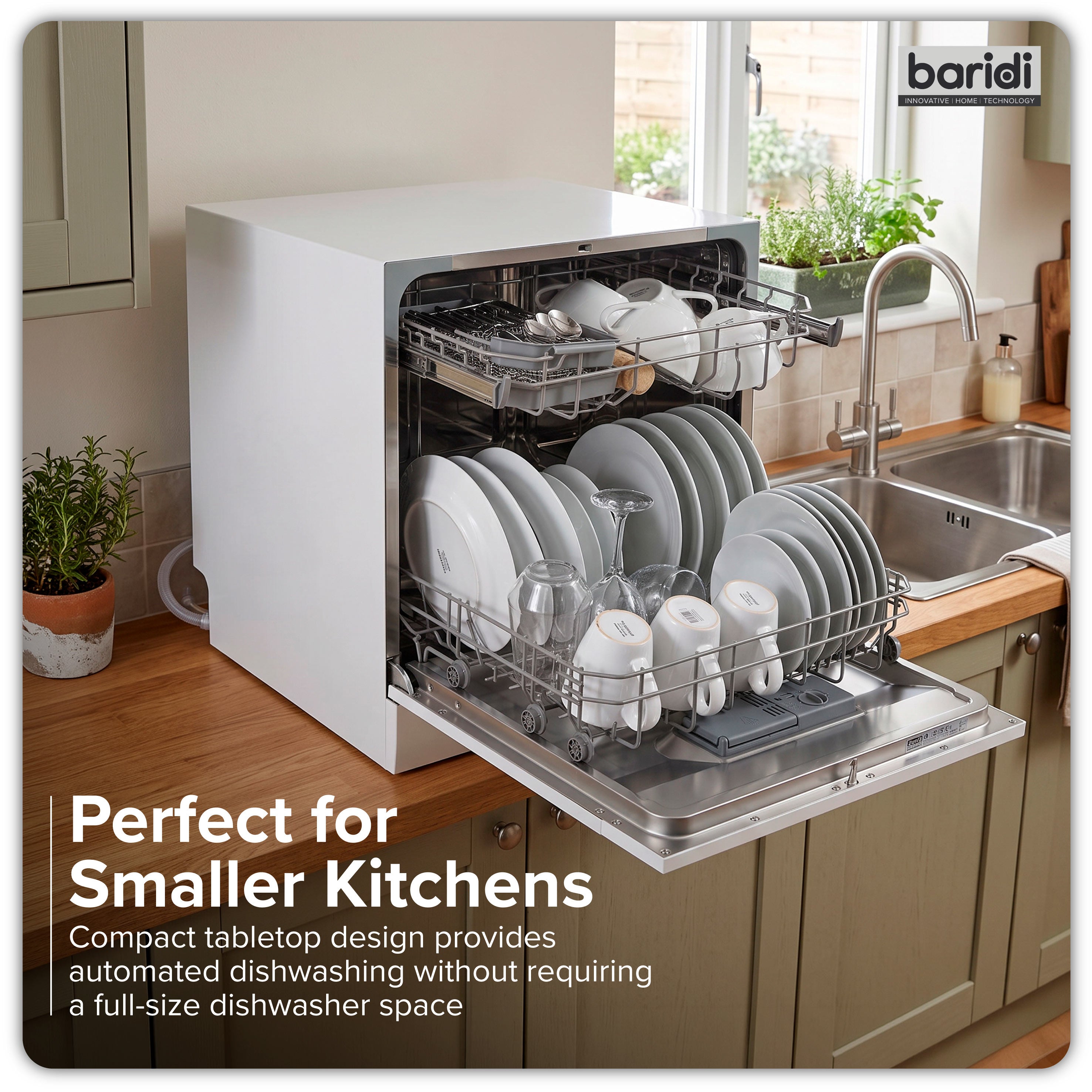 Baridi Compact Tabletop Dishwasher 8 Place Settings, 6 Programmes, Low Noise, 8L - White - DH86