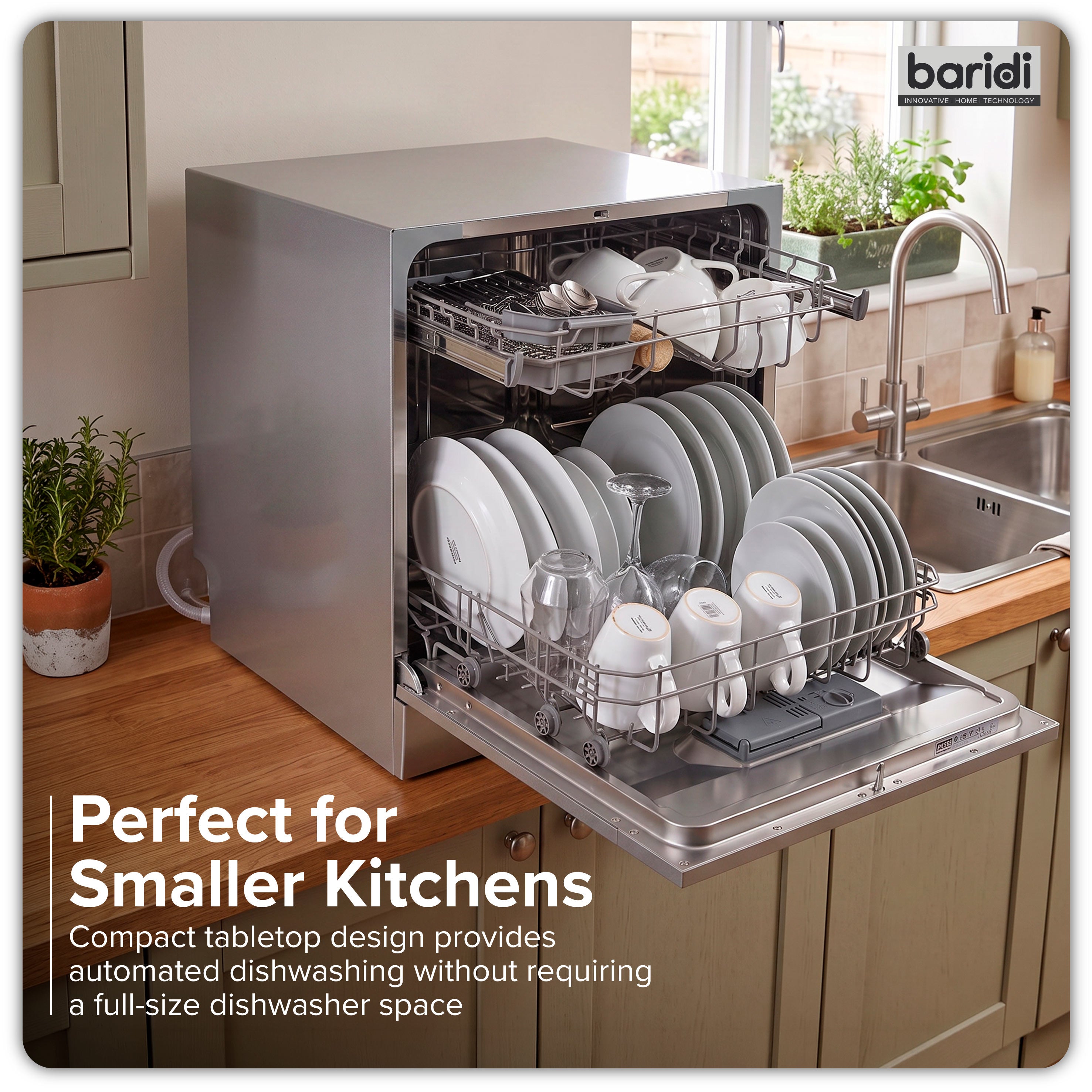 Baridi Compact Tabletop Dishwasher 8 Place Settings, 6 Programmes, Low Noise, 8L - Silver - DH87