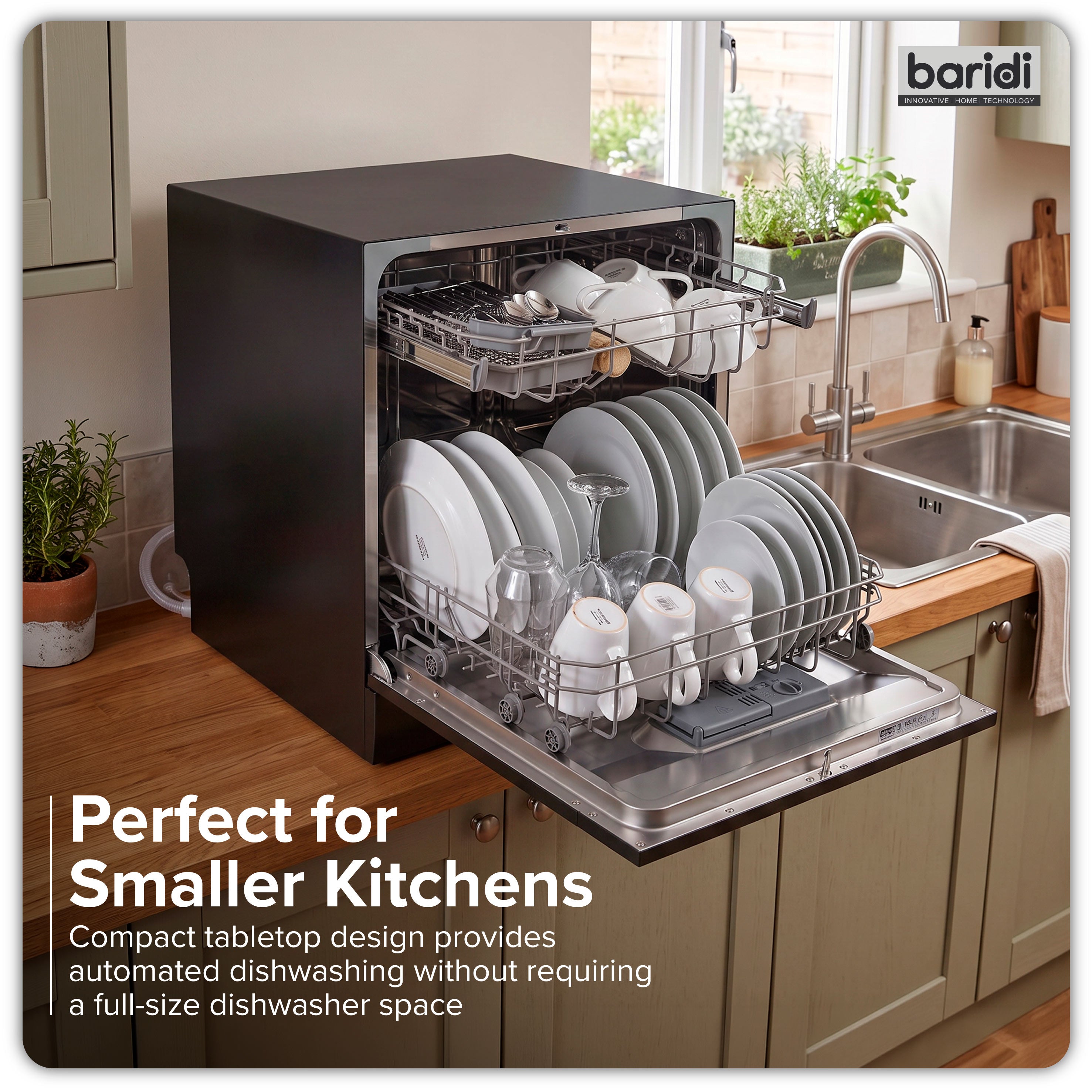 Baridi Compact Tabletop Dishwasher 8 Place Settings, 6 Programmes, Low Noise, 8L - Black - DH88