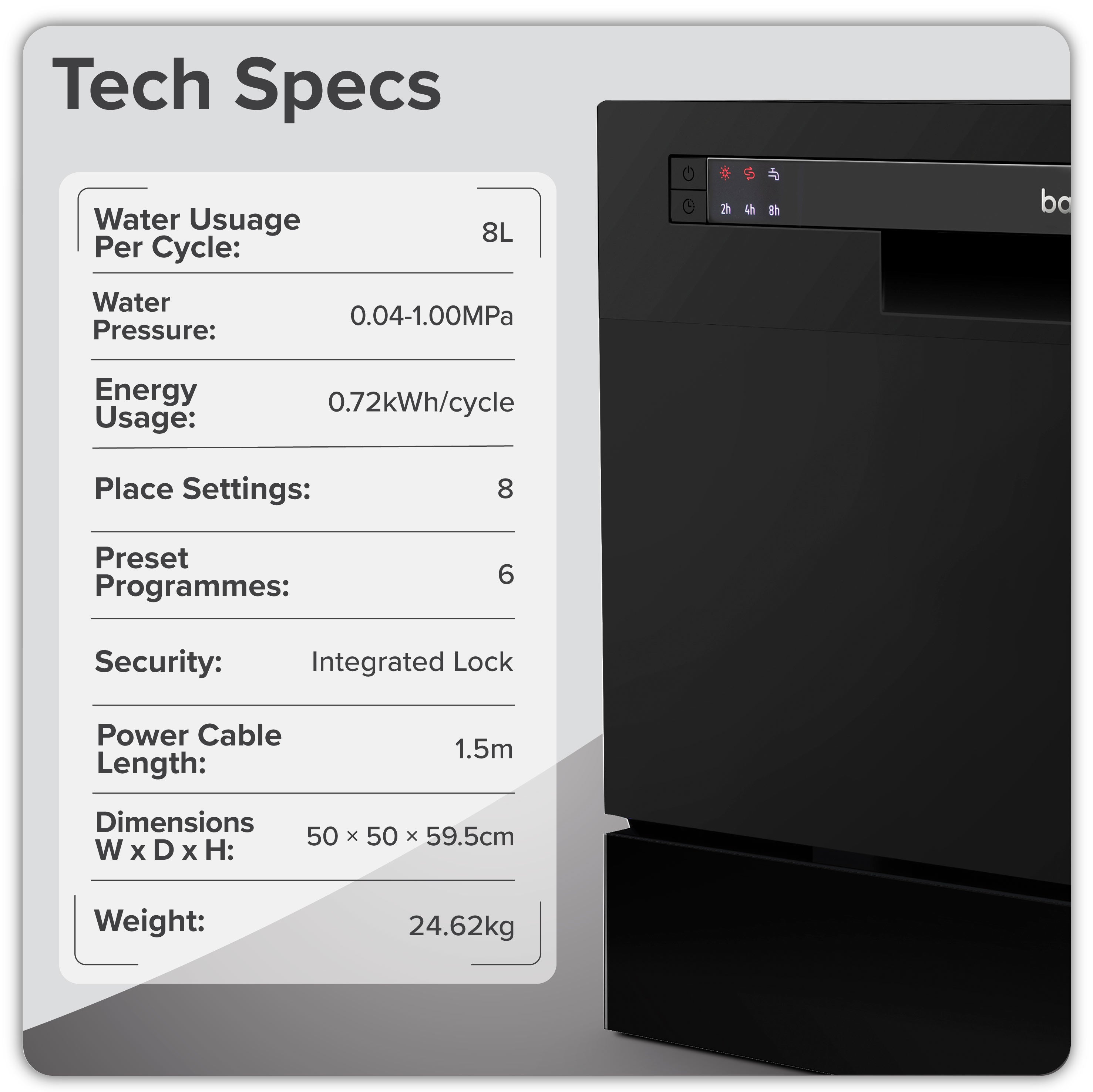 Baridi Compact Tabletop Dishwasher 8 Place Settings, 6 Programmes, Low Noise, 8L - Black - DH88