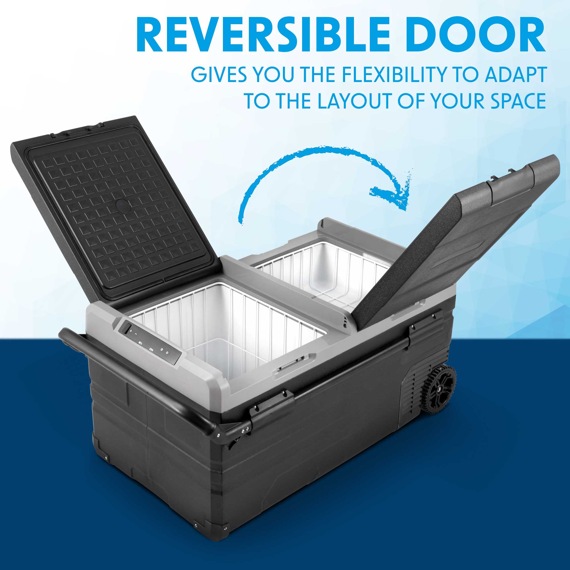 Dellonda DL127 Car Fridge Action shot - reversible - door