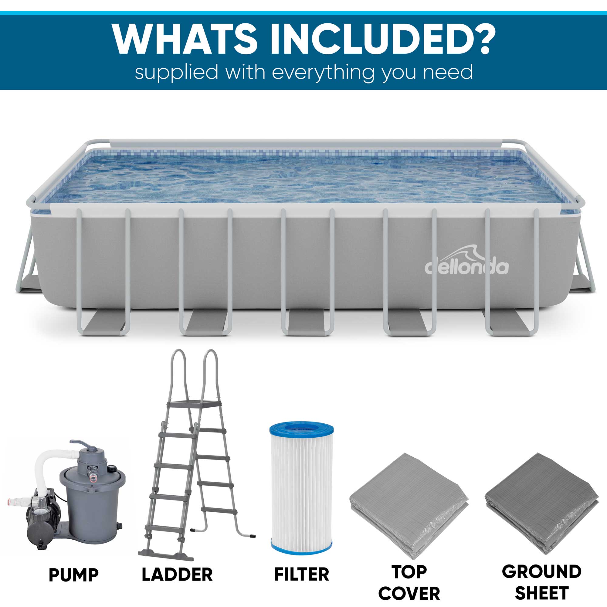 Dellonda DL150 Steel Frame Pools Action shot - whats included - infographic