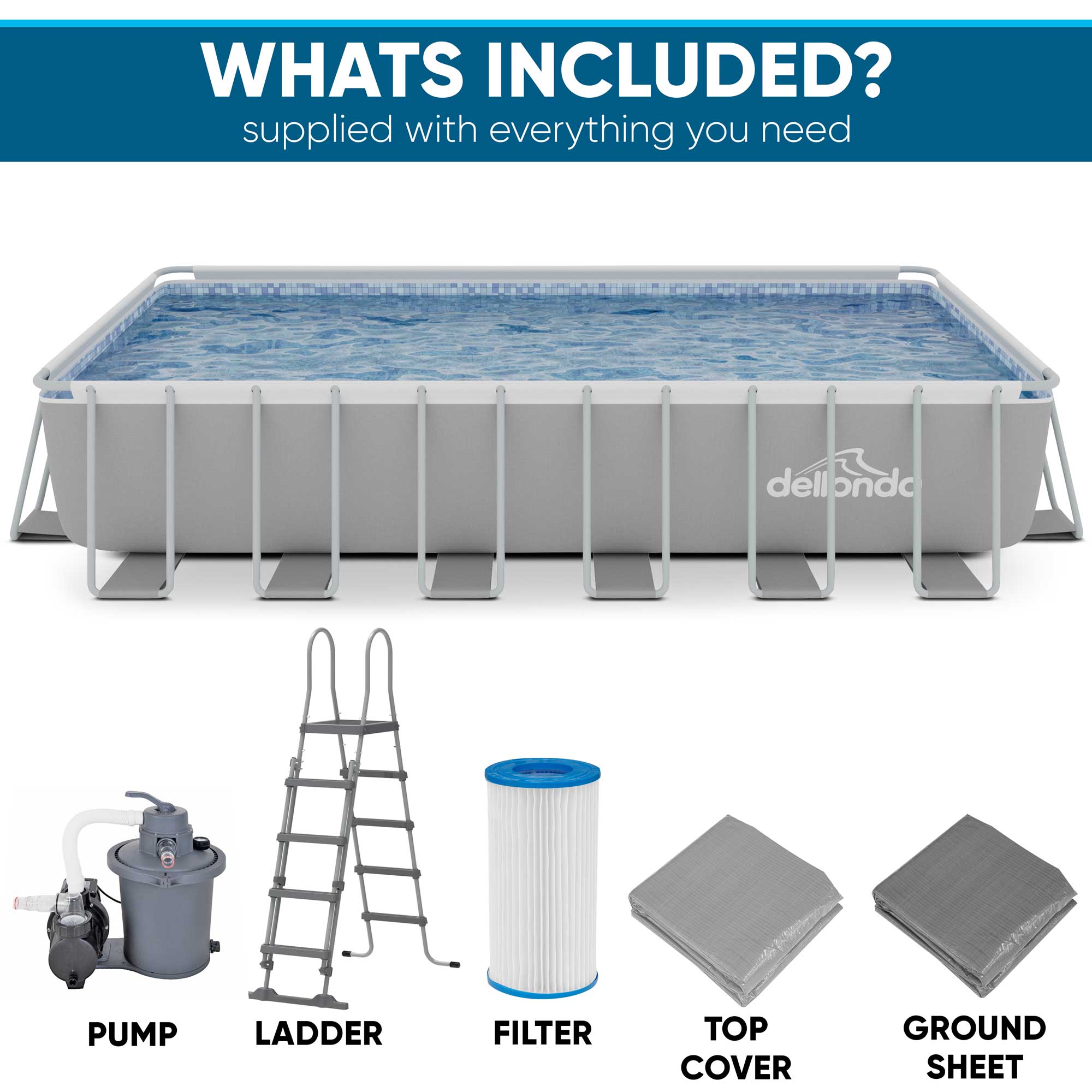 Dellonda DL151 Steel Frame Pools Action shot - whats included - infographic