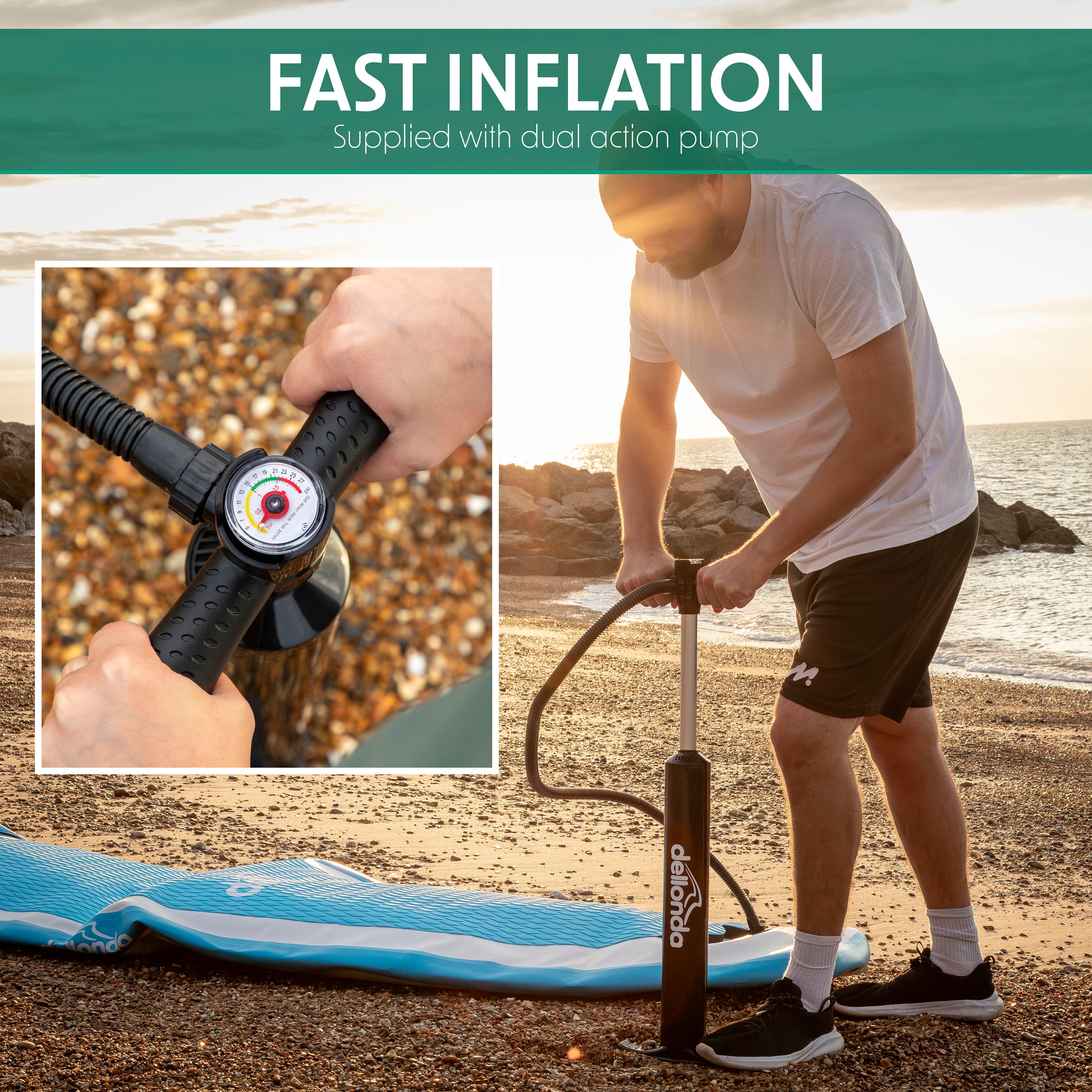 Dellonda DL152 Paddle Board Action shot - fast - inflation - infographic