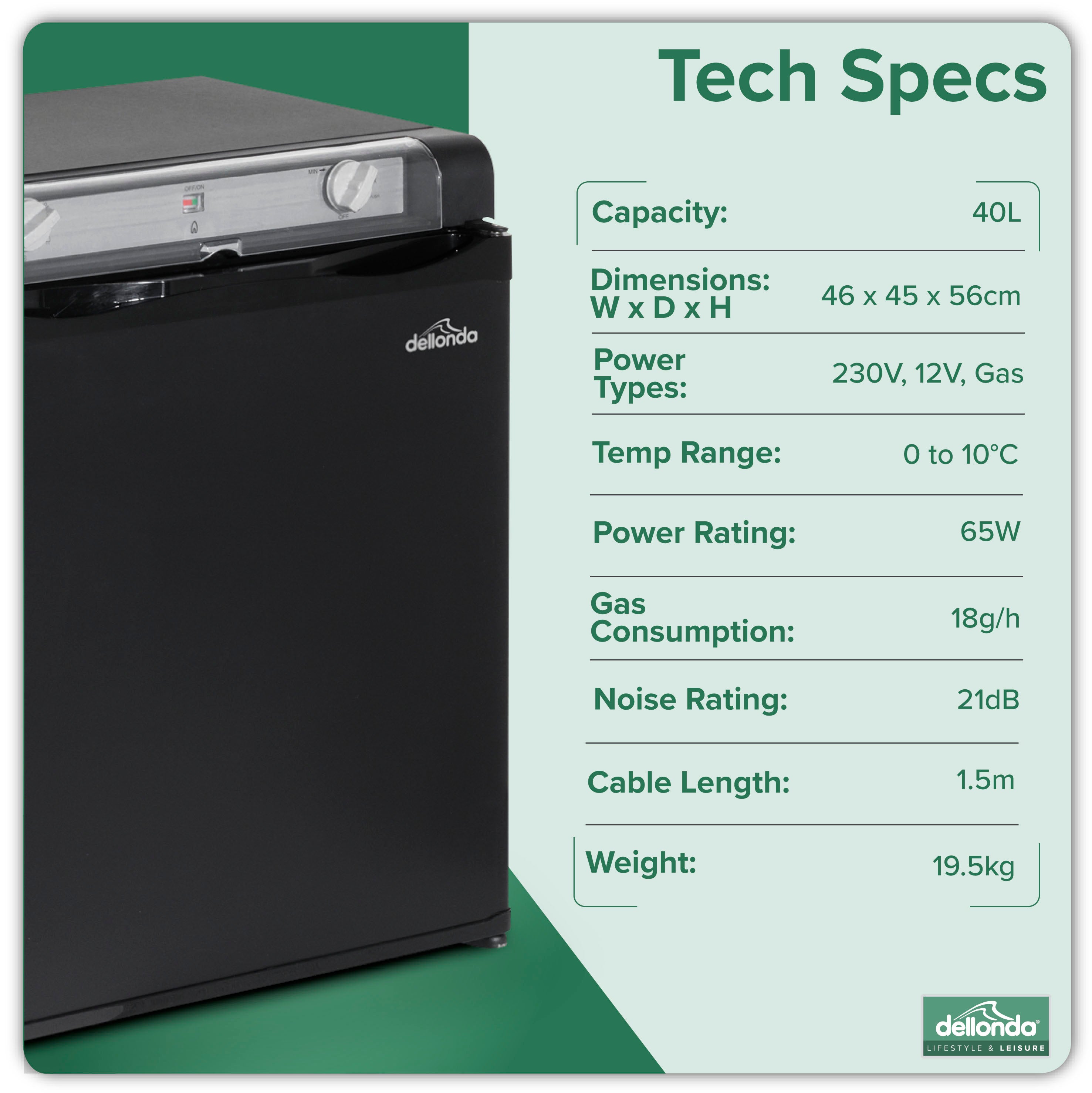 Dellonda DL158 Fridge Action shot - infographic - tech - spec