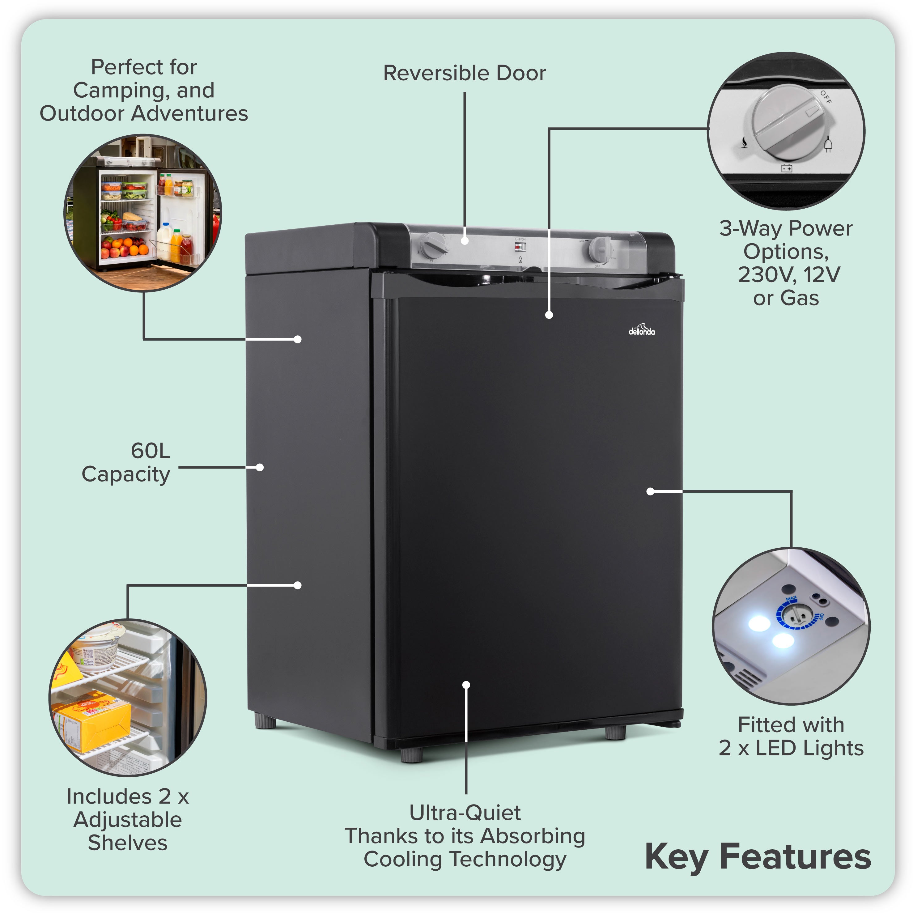 Dellonda, 3 Way Fridge, Gas/12V/230V, 60L, Camping, Motorhome, Truck, Black, DL159