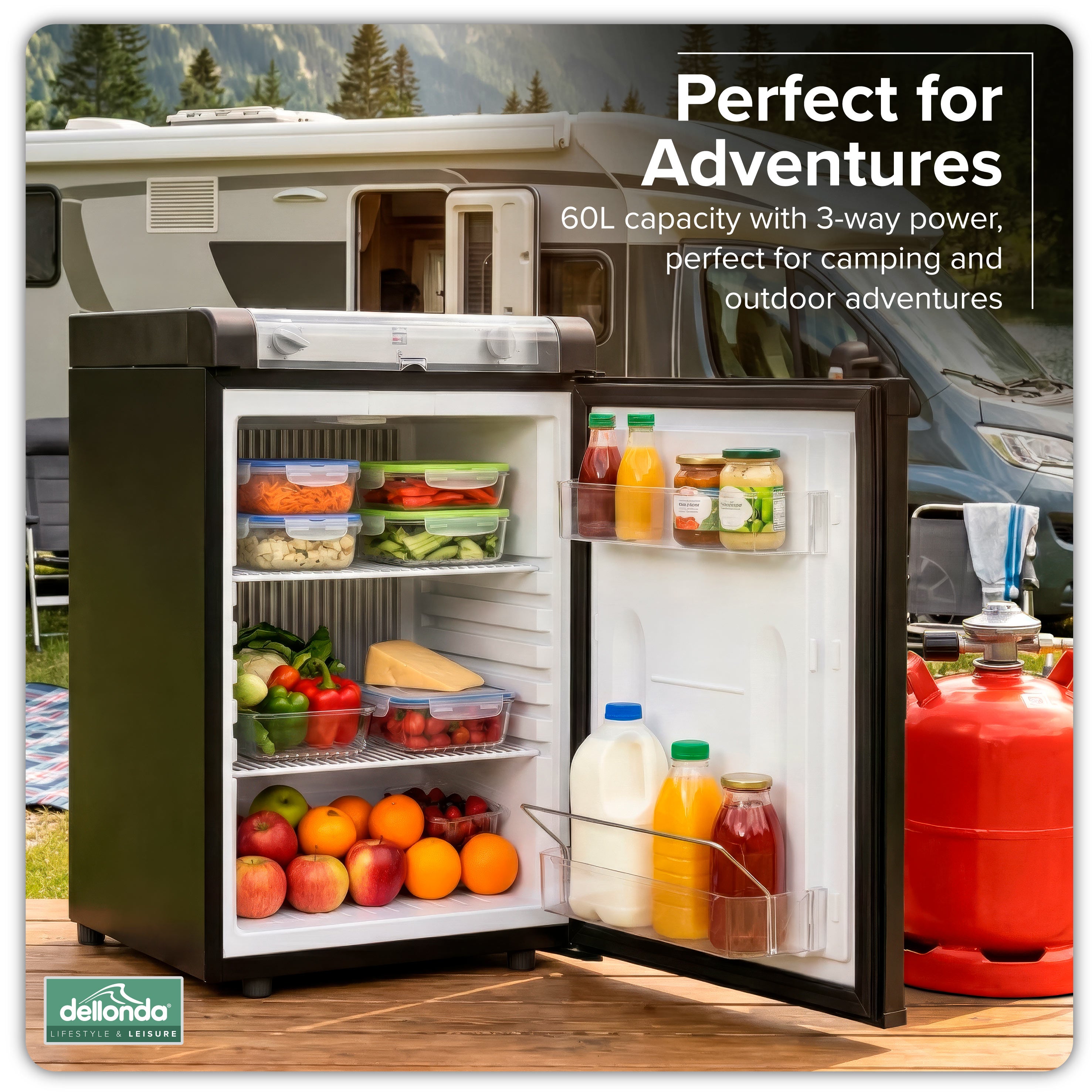 Dellonda, 3 Way Fridge, Gas/12V/230V, 60L, Camping, Motorhome, Truck, Black, DL159