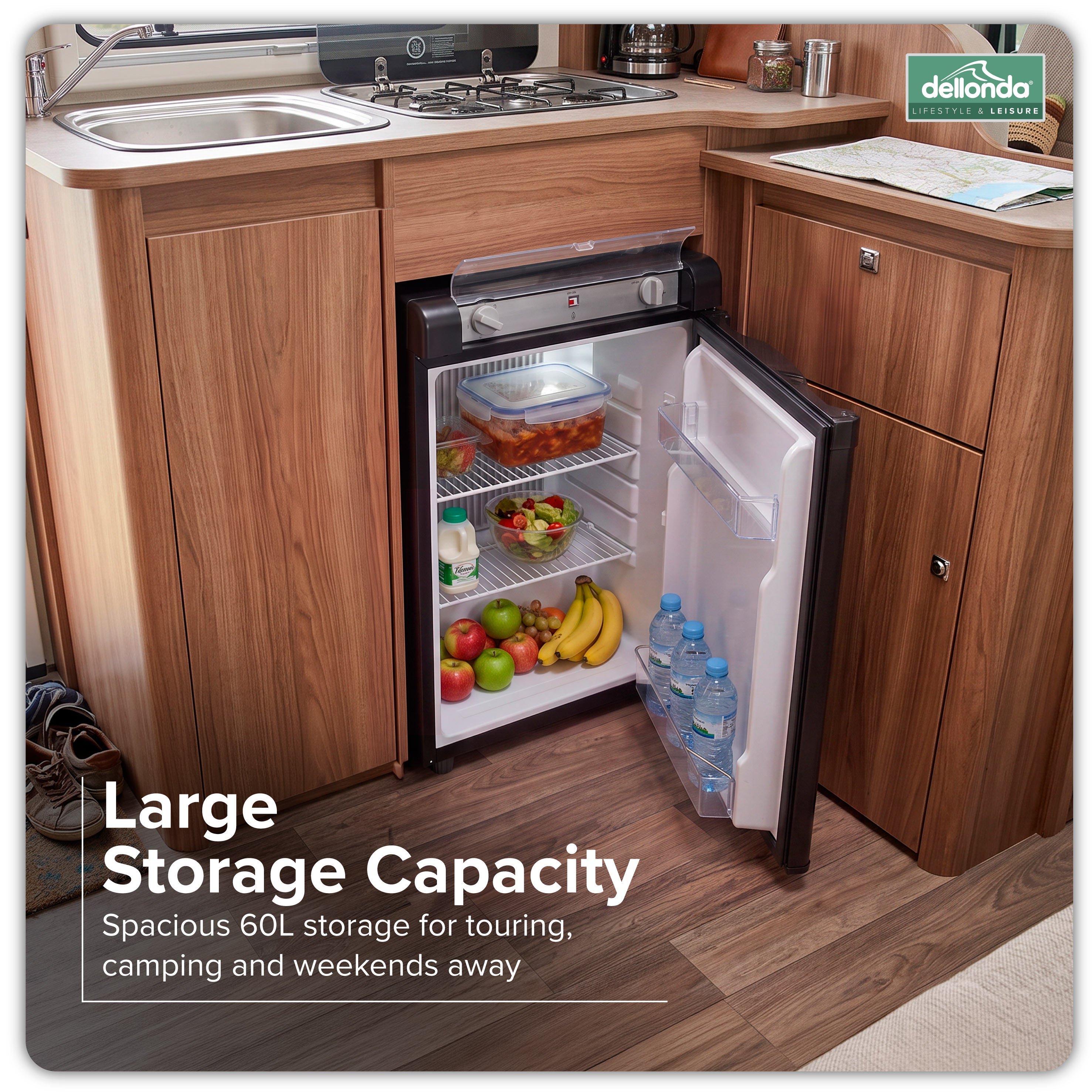 Dellonda, 3 Way Fridge, Gas/12V/230V, 60L, Camping, Motorhome, Truck, Black, DL159