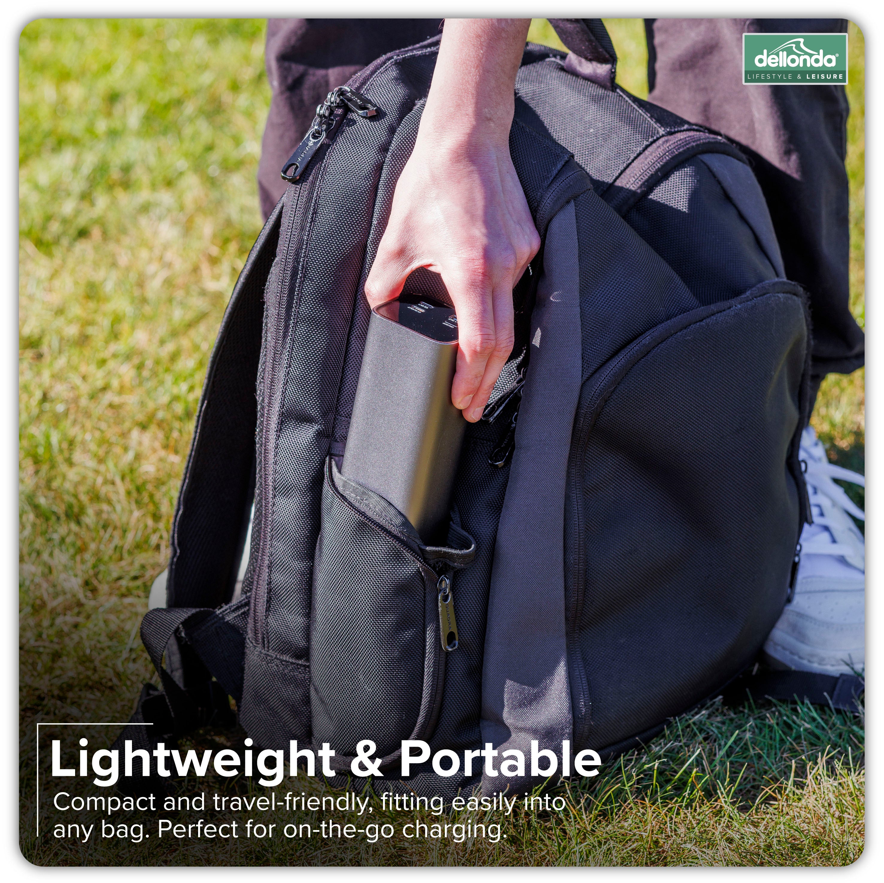 Dellonda DL168 Power Bank Action shot - compaction shot and portable