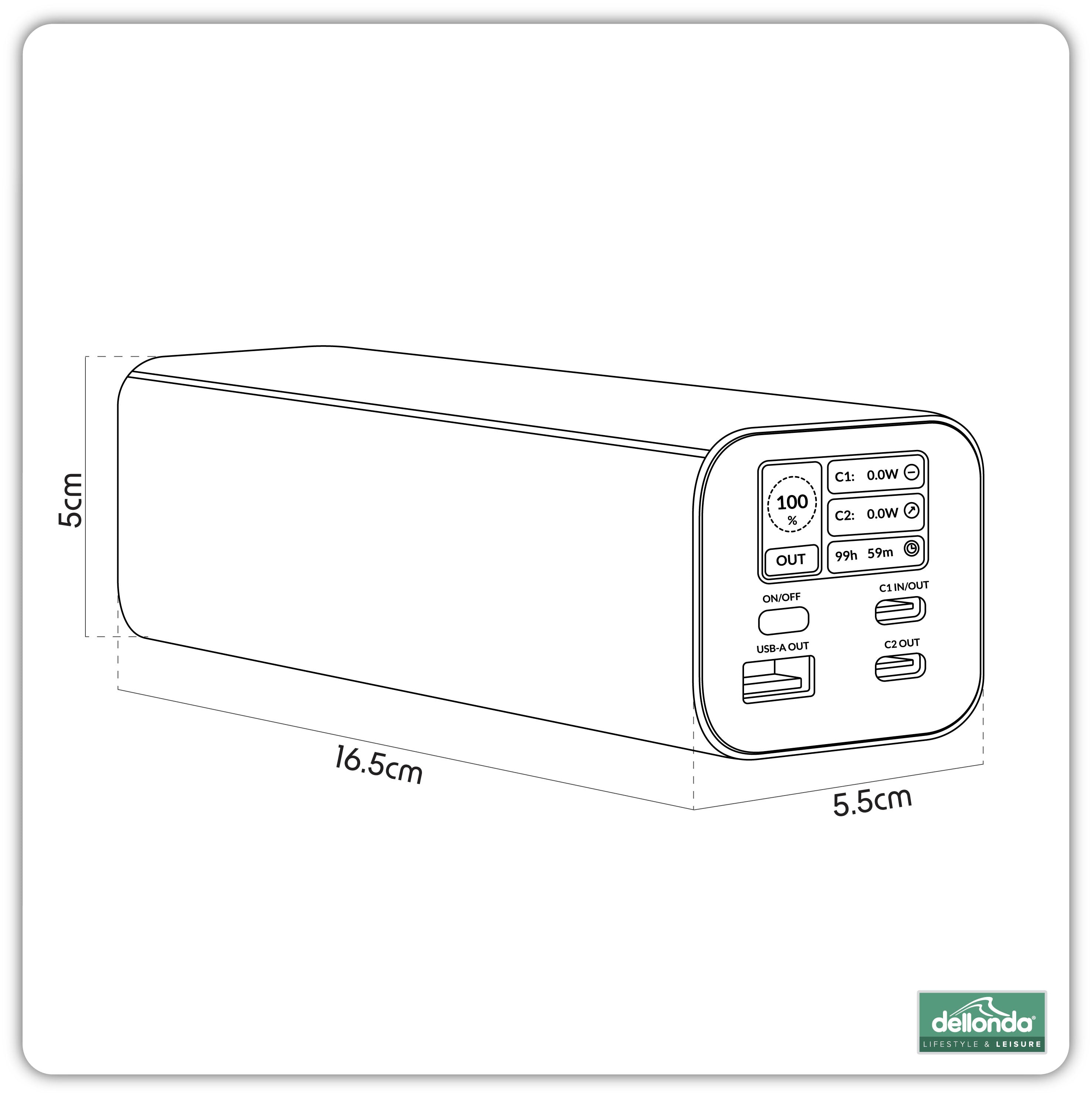 Dellonda DL168 Power Bank Action shot - dimension diagram