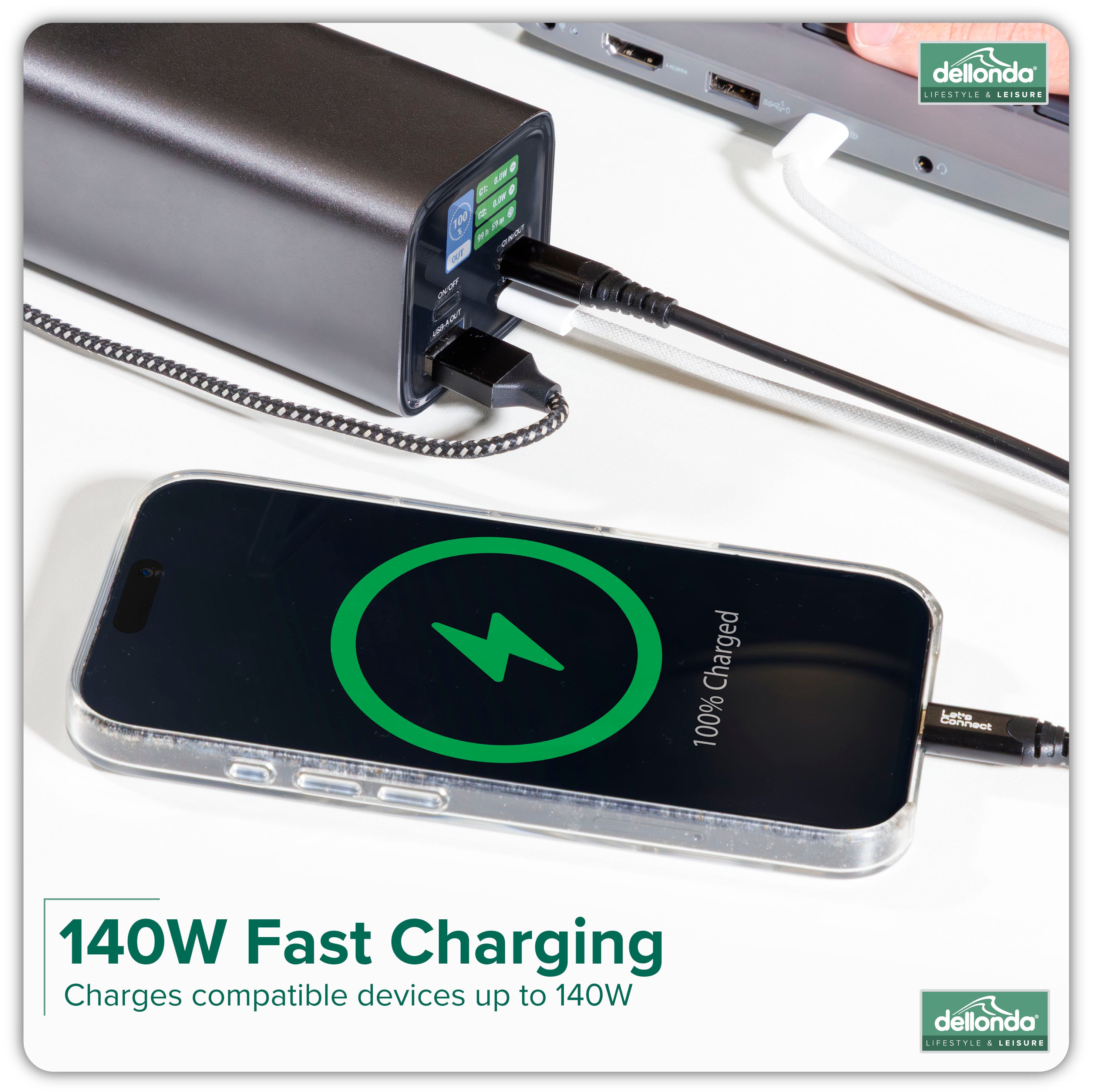 Dellonda DL168 Power Bank Action shot - fast - charging