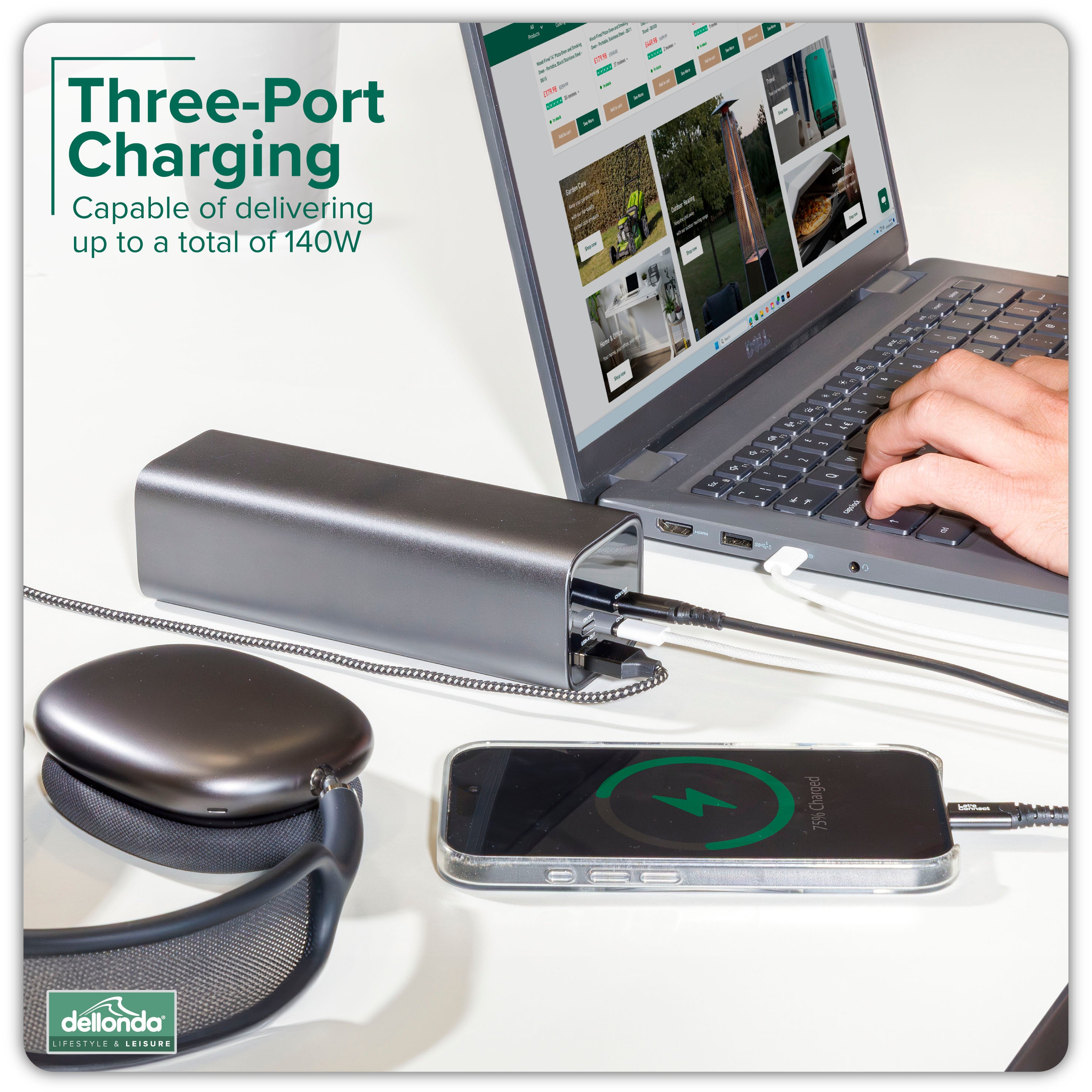 Dellonda DL168 Power Bank Action shot - three - port - charging