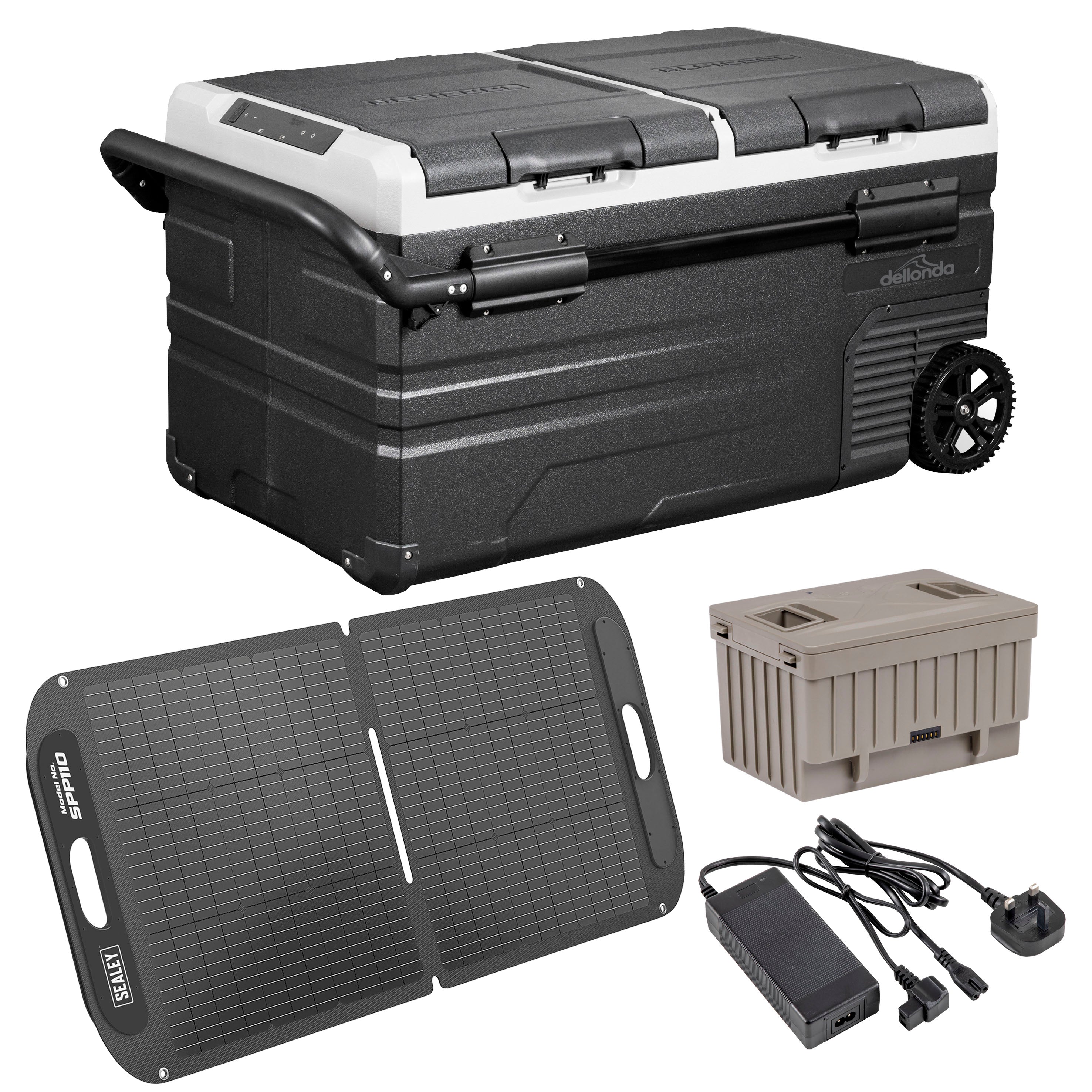 Portable Fridge Freezer/Cool Box 75L with 11.1V Battery, AC/DC 230V Adaptor & 110W Solar Panel - DL174