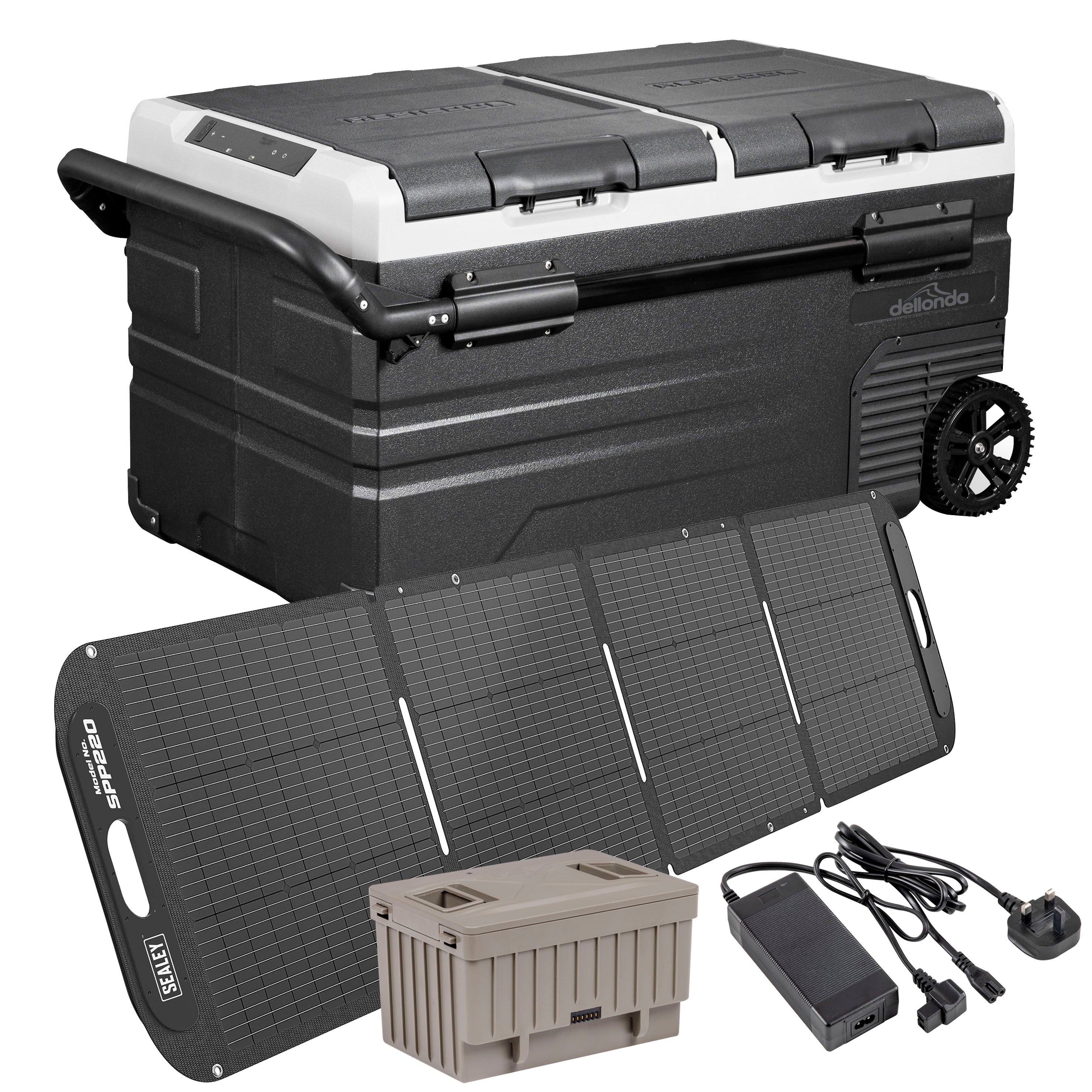 Portable Fridge Freezer/Cool Box 75L with 11.1V Battery, 230V Adaptor & 220W Solar Panel - DL176