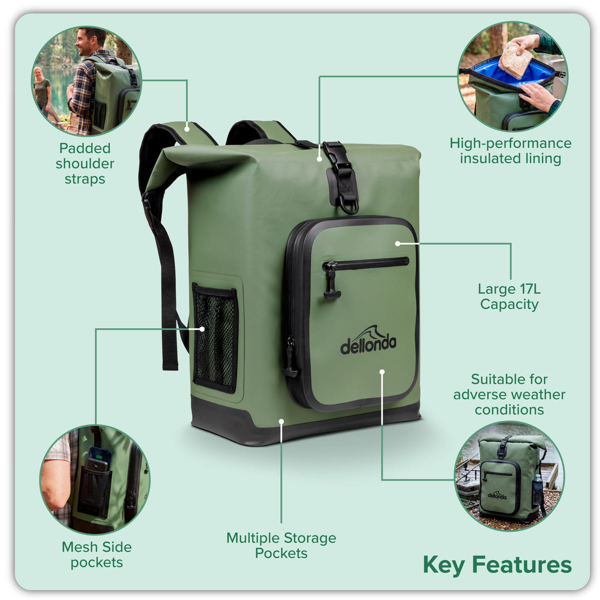 Insulated Cool Bag Backpack 17L with Adjustable Straps, Padded Waist Support & Storage Pockets - DL183