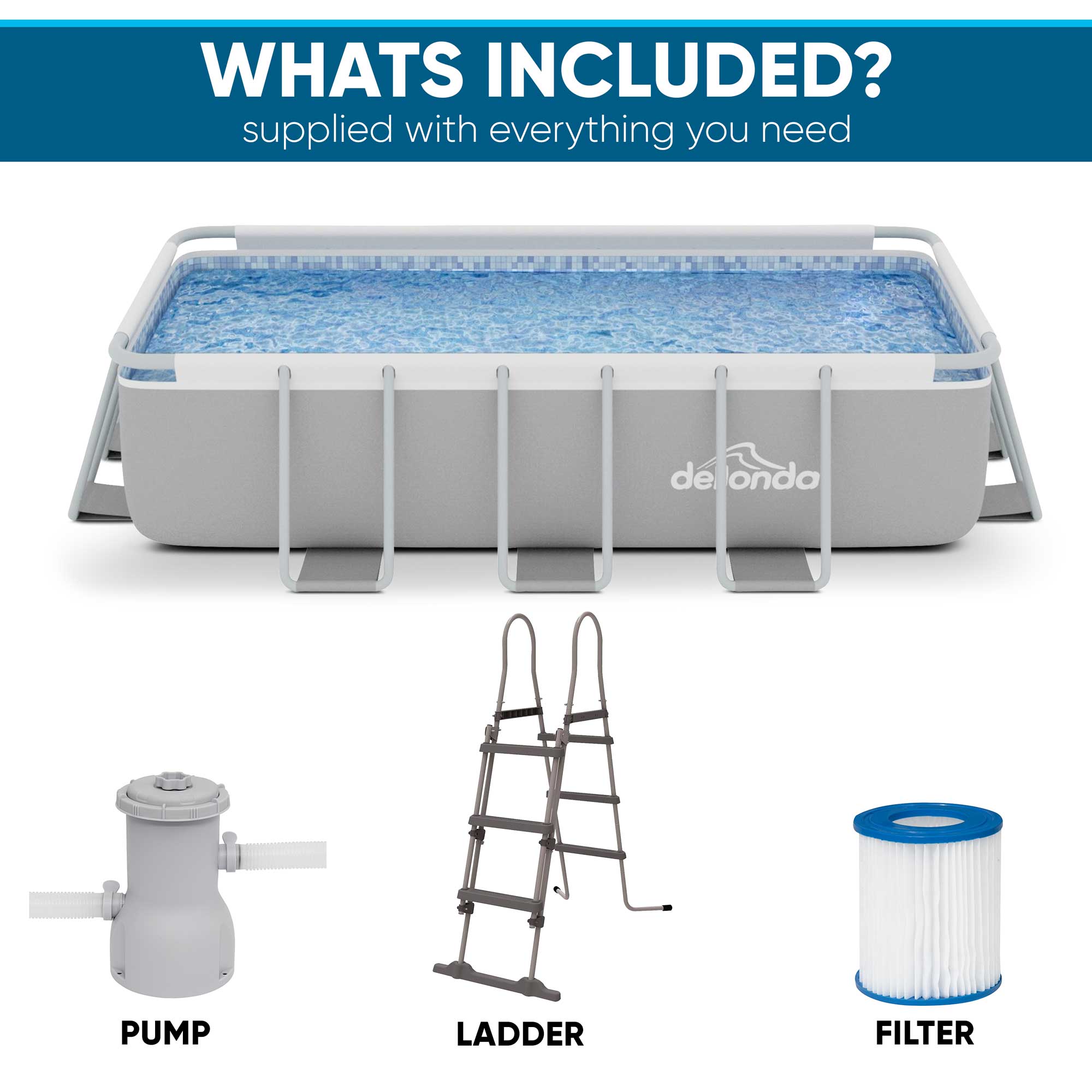 Dellonda DL21 Steel Frame Pools Action shot - whats included - infographic