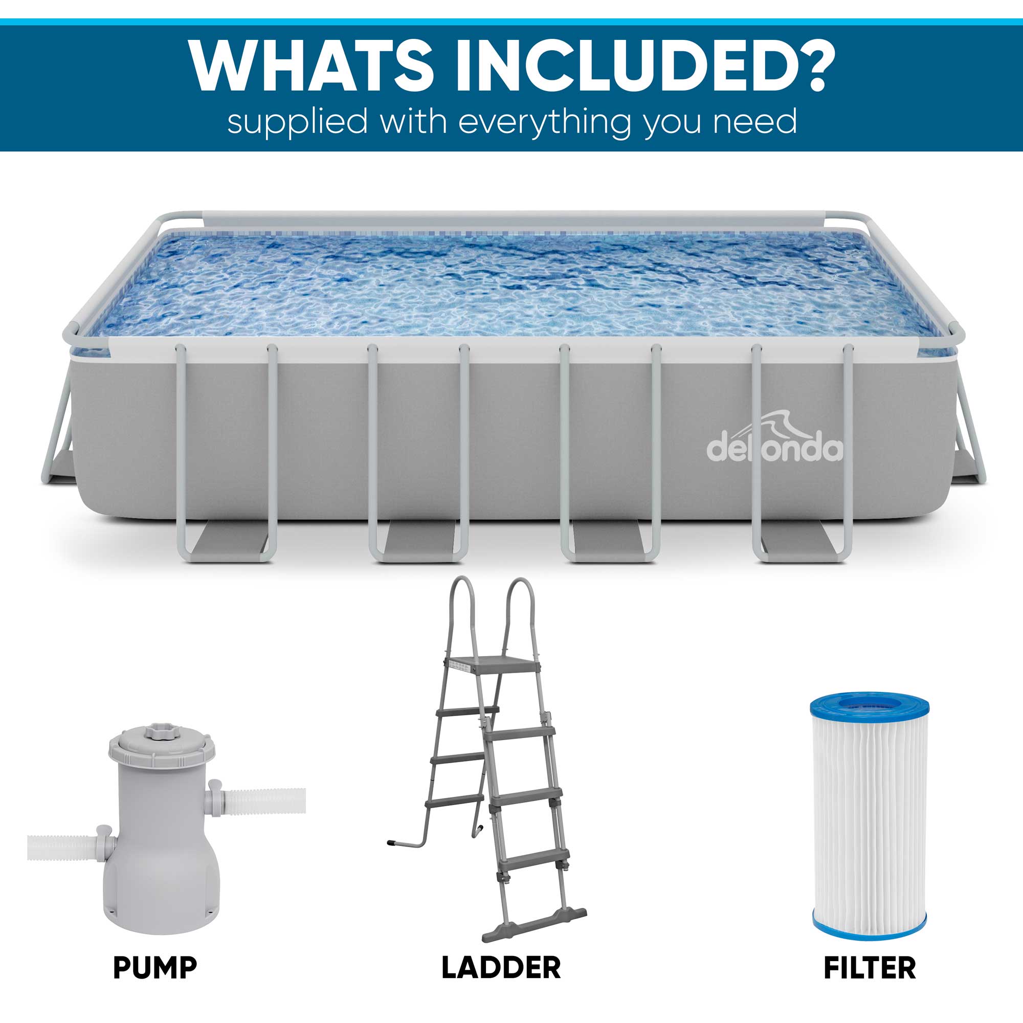 Dellonda DL22 Steel Frame Pools Action shot - whats included - infographic