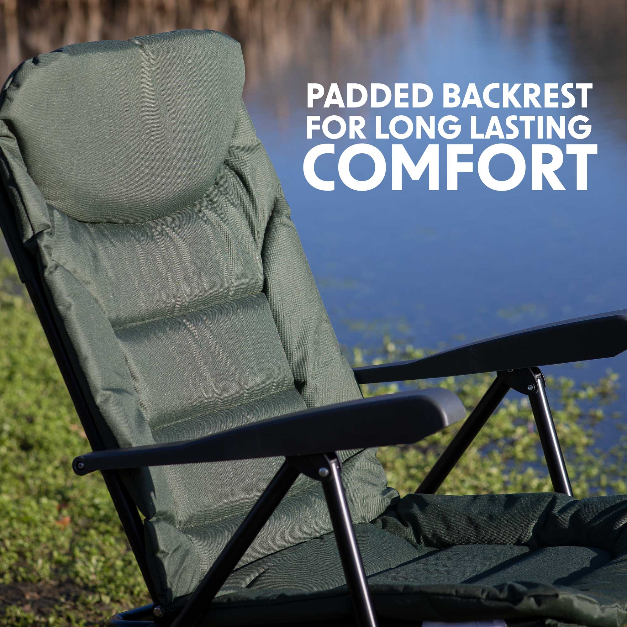 Dellonda DL74 Fishing Chair Action shot - padded - backrest - infographic
