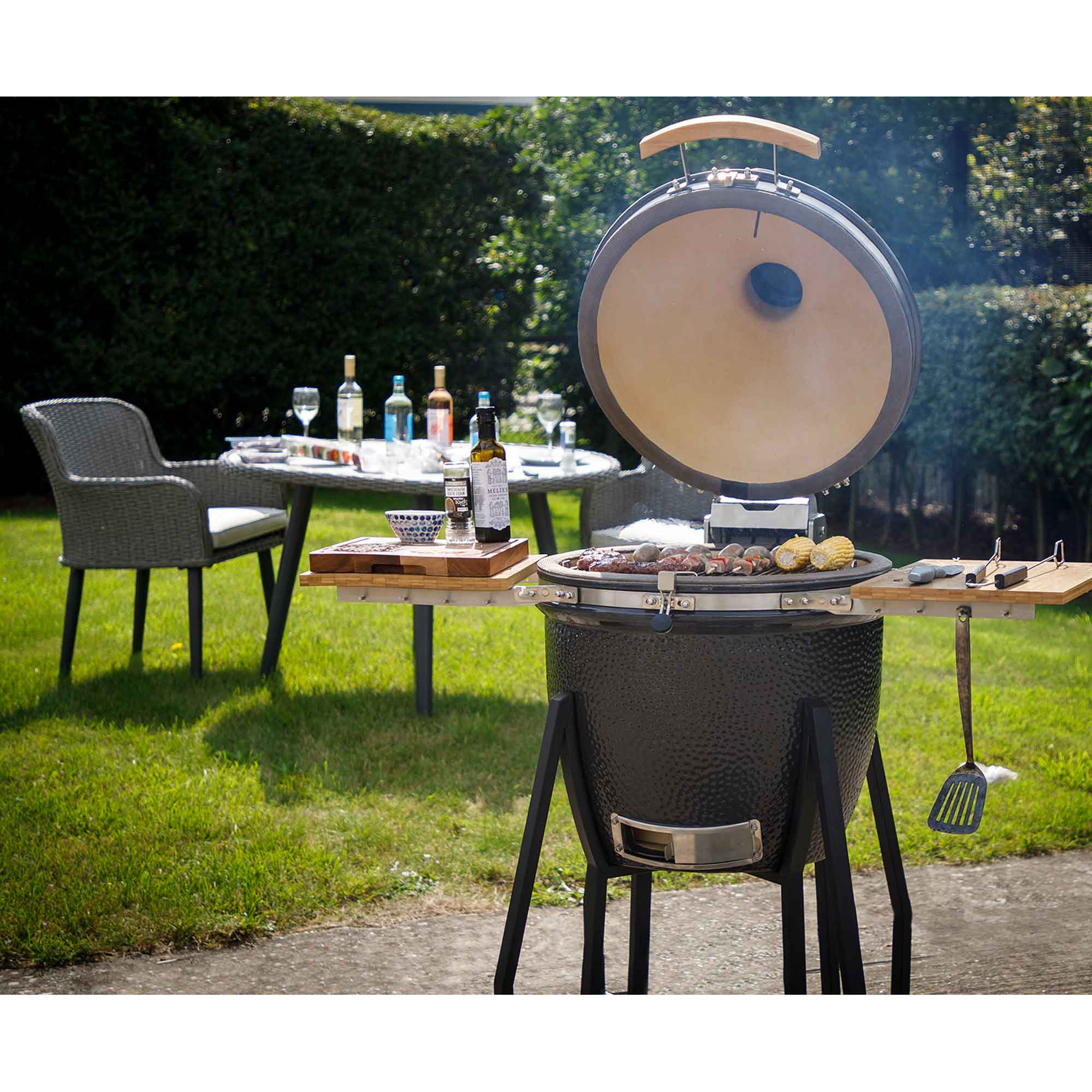 Dellonda DG159 Kamado Grills Action shot - with food - 2nd perspective
