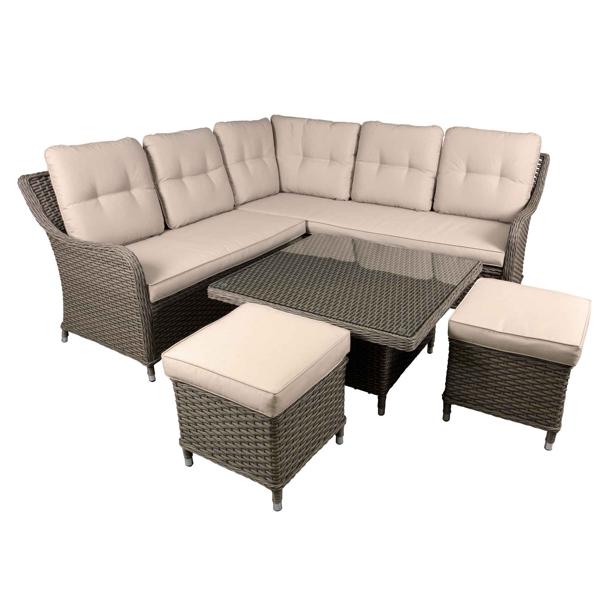 Chester Outdoor Rattan Wicker Corner Sofa Adjustable Table Set, Brow