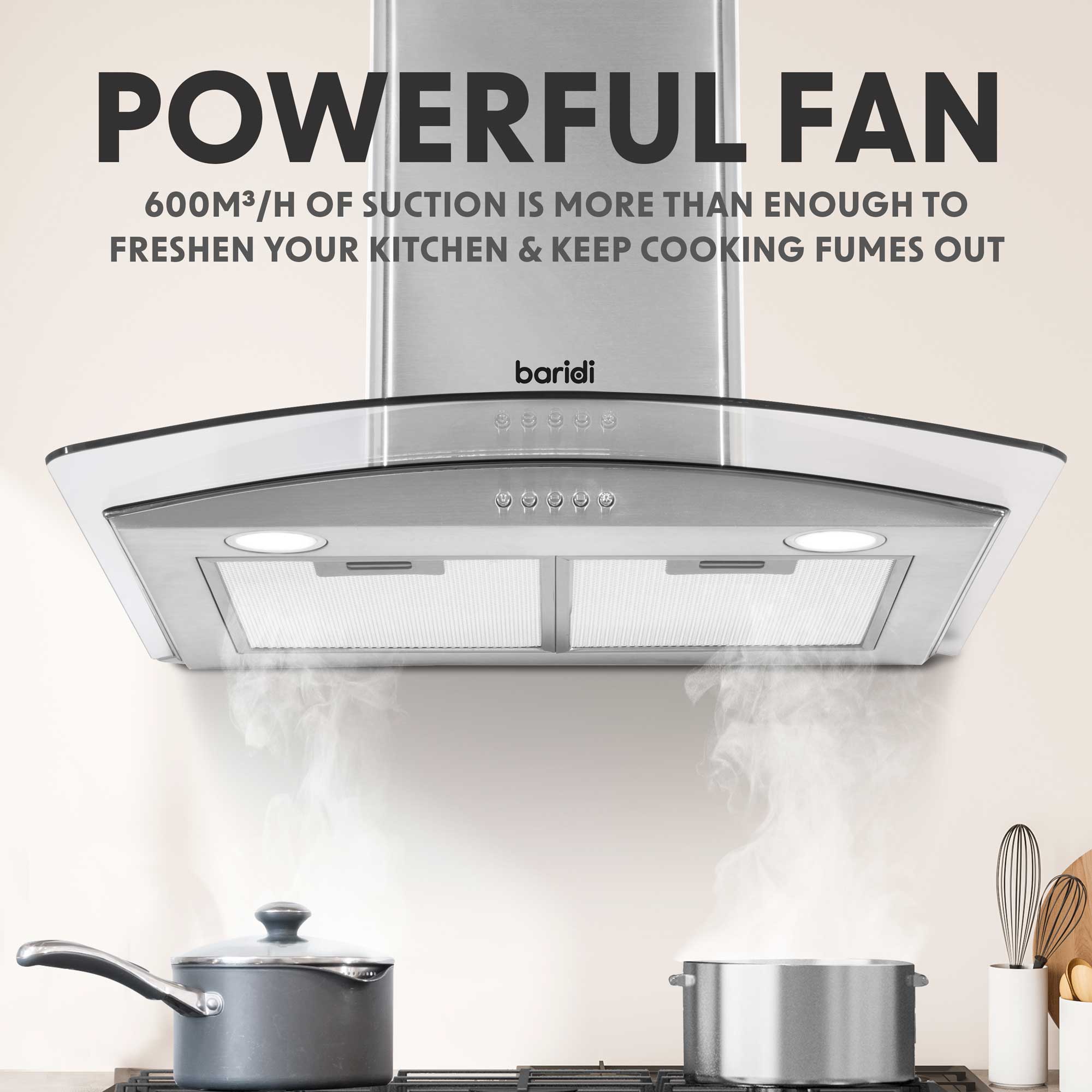 Baridi DH128 Extractor Hoods Action shot - infographic - power - suction