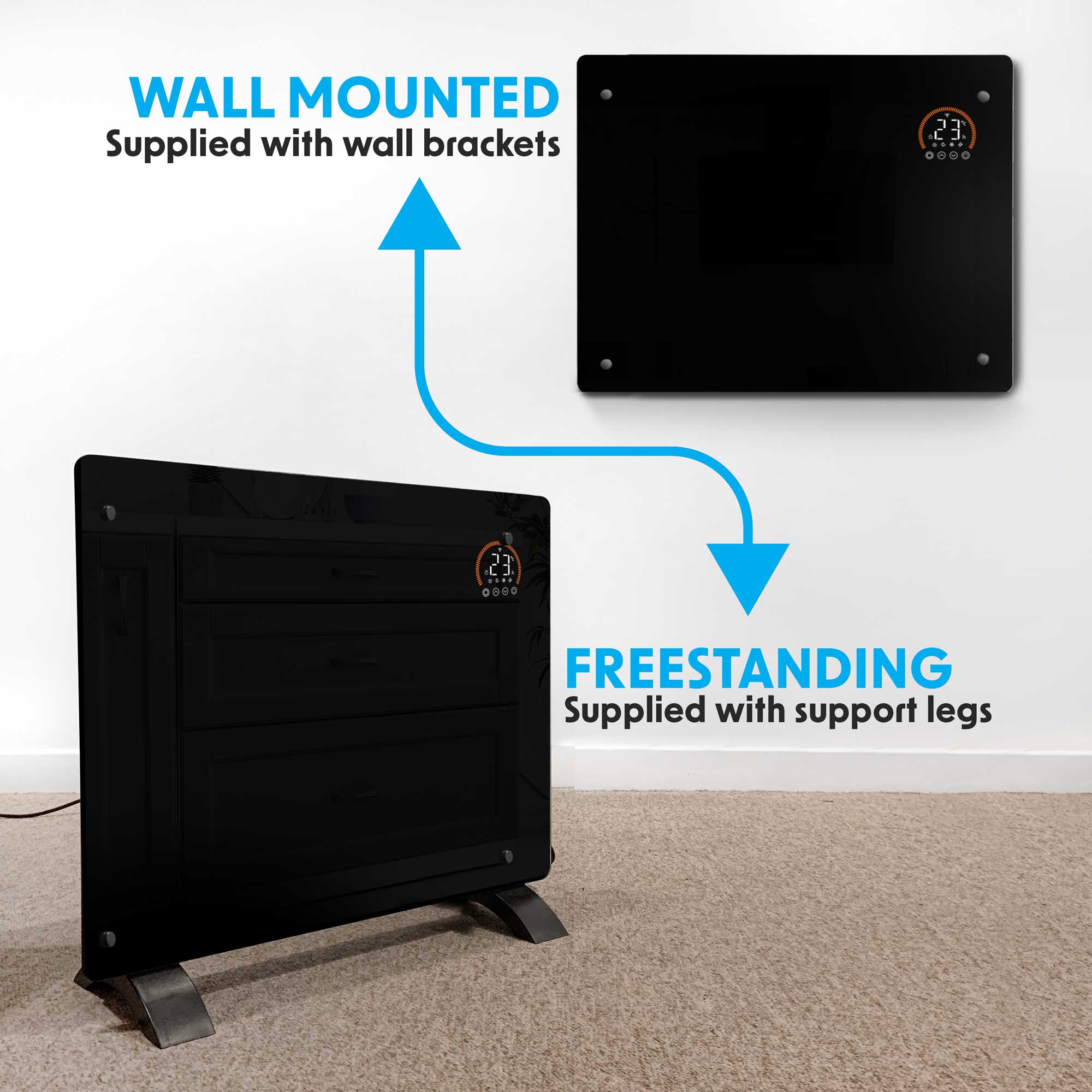 Baridi DH137 Glass Panel Heaters Action shot - freestanding - wall - mounted