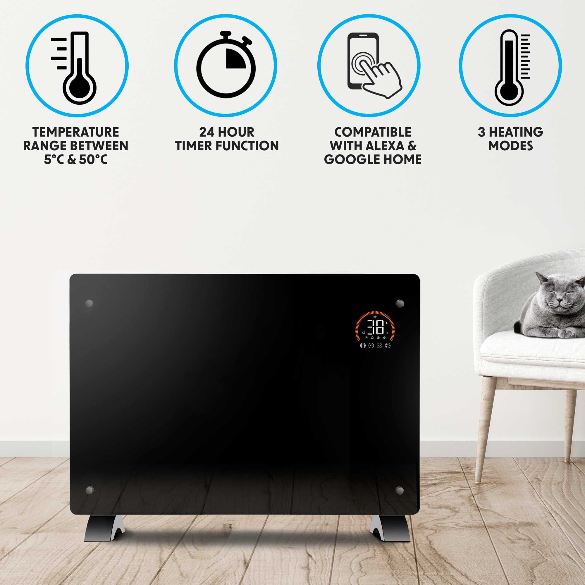Baridi DH139 Glass Panel Heaters Action shot - temperature - range - infographic